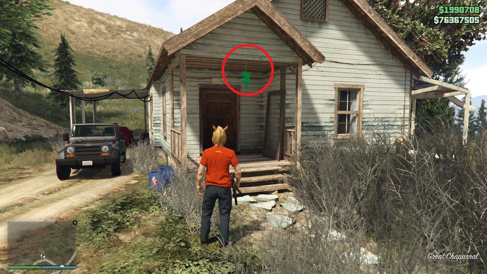 The lucky clover is hanging on the porch of a house in Great Chaparral.