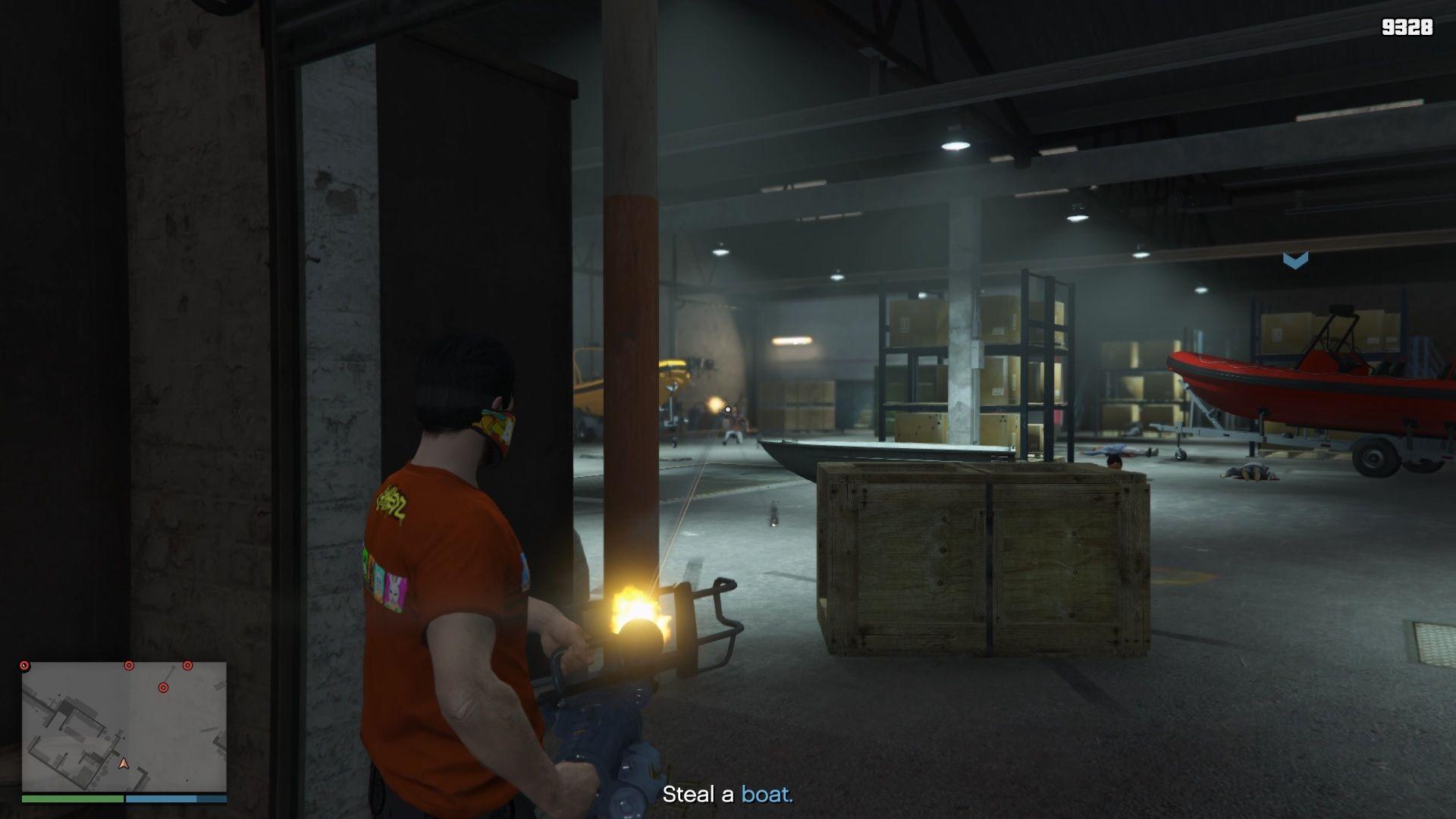 You must eliminate everyone in the storage facility before stealing the boat.