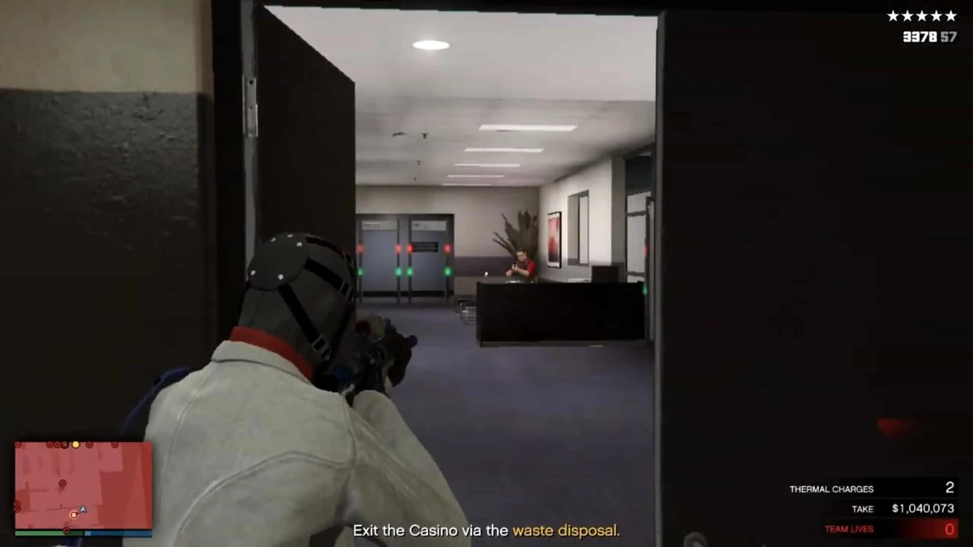 Behind the double door, shooting and taking out guards before proceeding towards the staff lobby exit