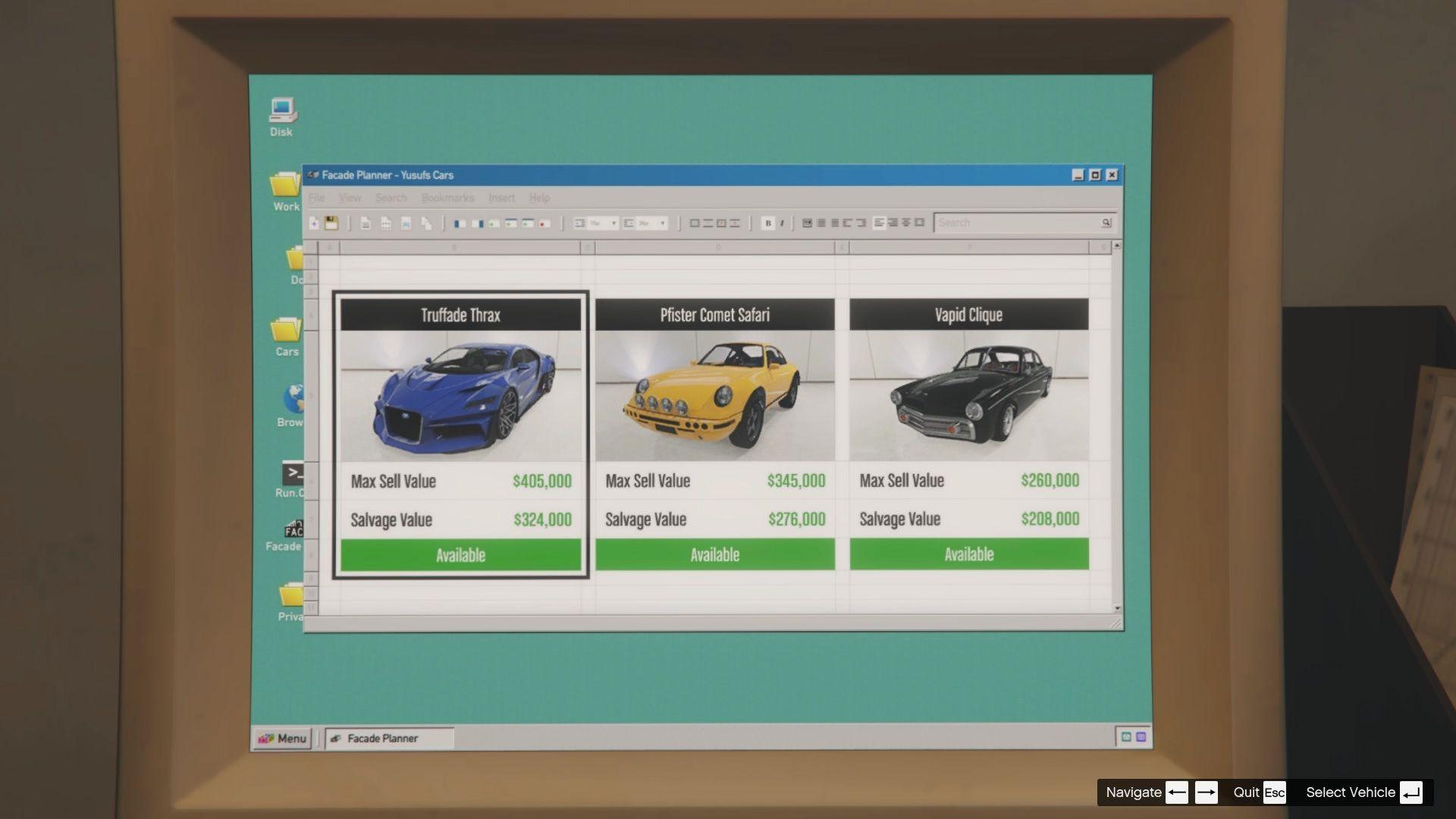 You can select which car you want to steal from the planning computer.