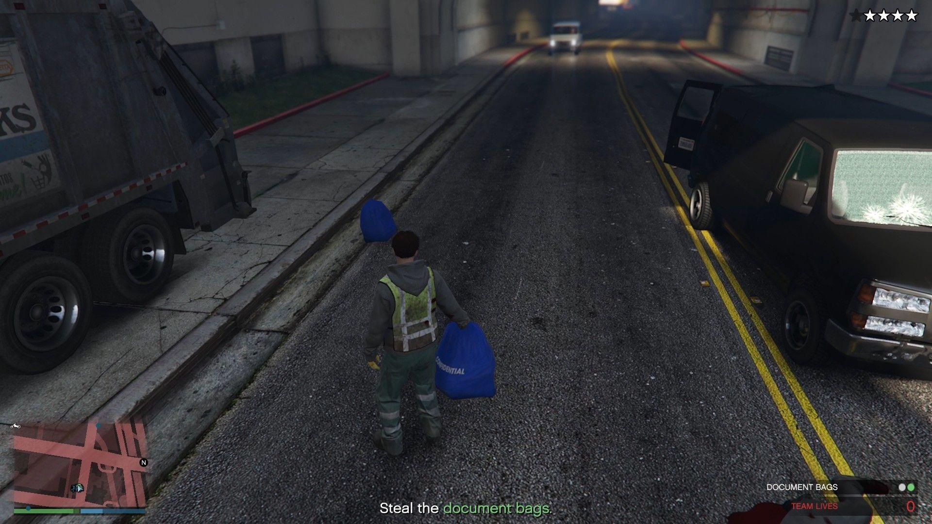 Collecting the document bags that dropped out of the FIB van.