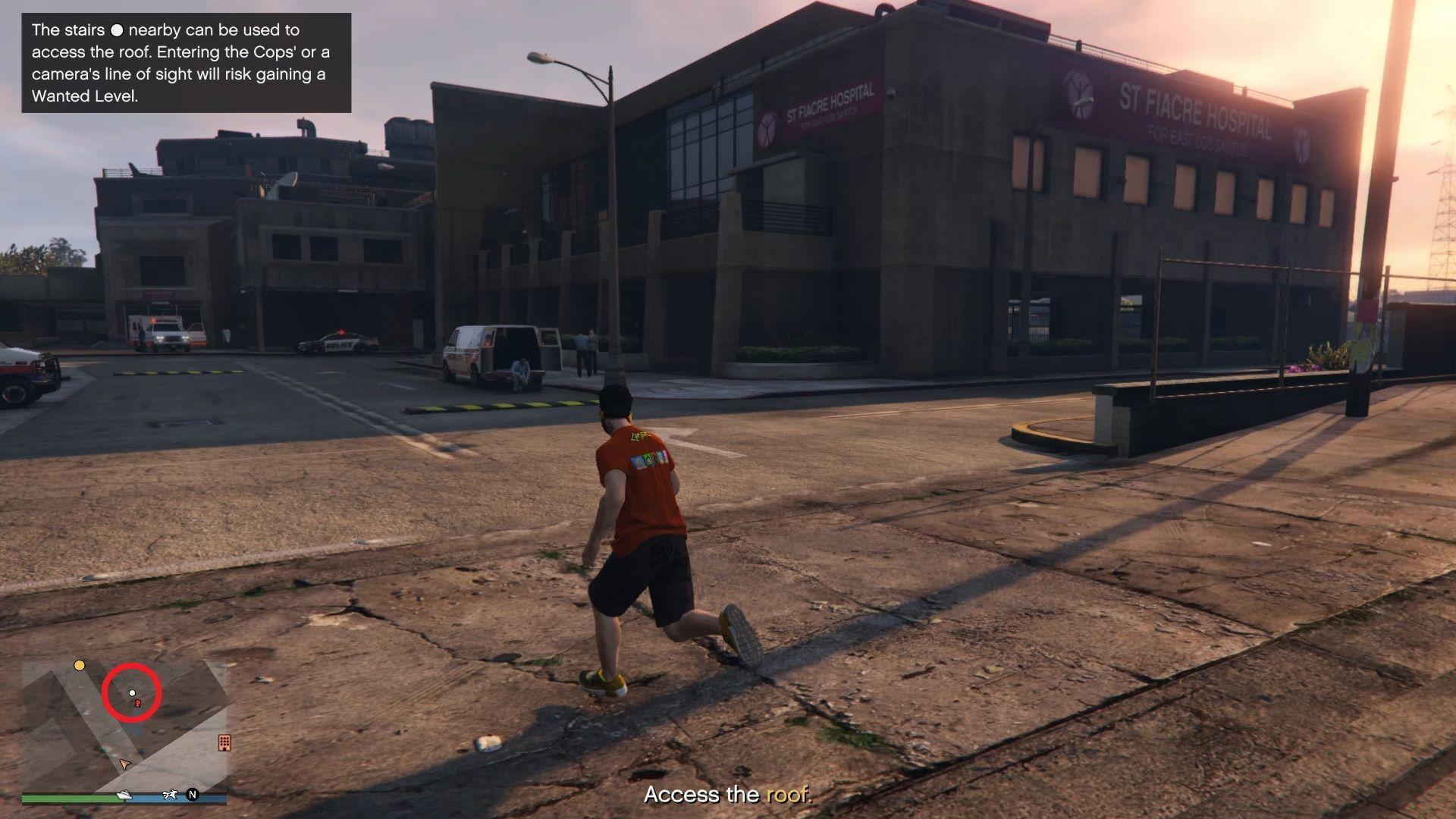 At the location, look for a white dot on your minimap. This is usually the access point you need to get to the rooftops.