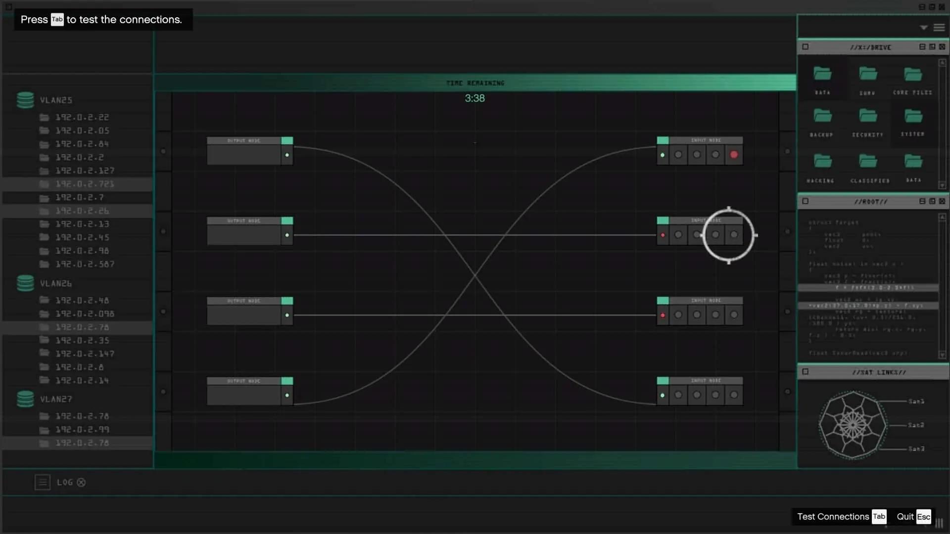 Hacking the server by matching nodes (one of the correct combinations shown)