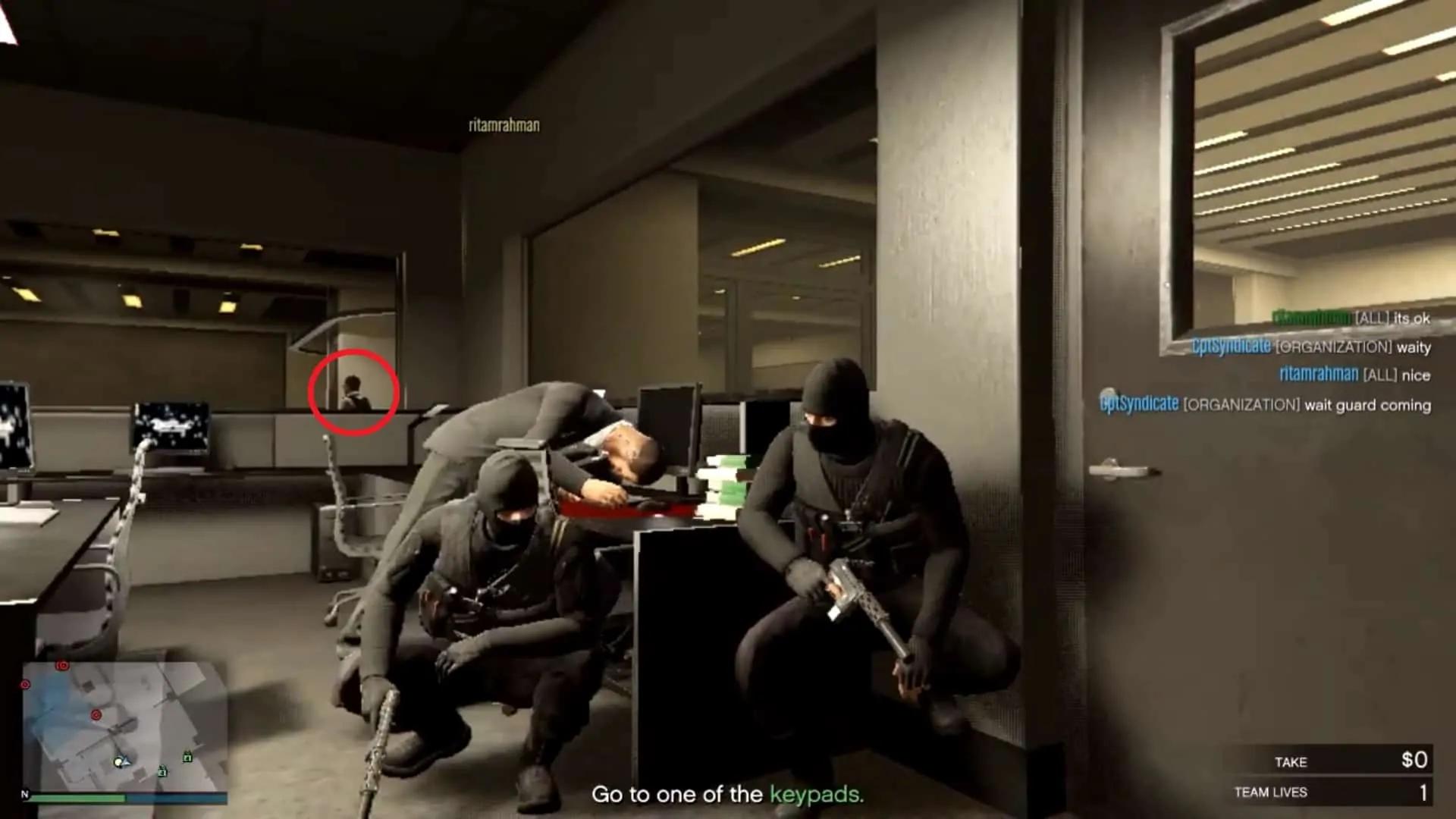 Taking cover in the security room while the guard passes by