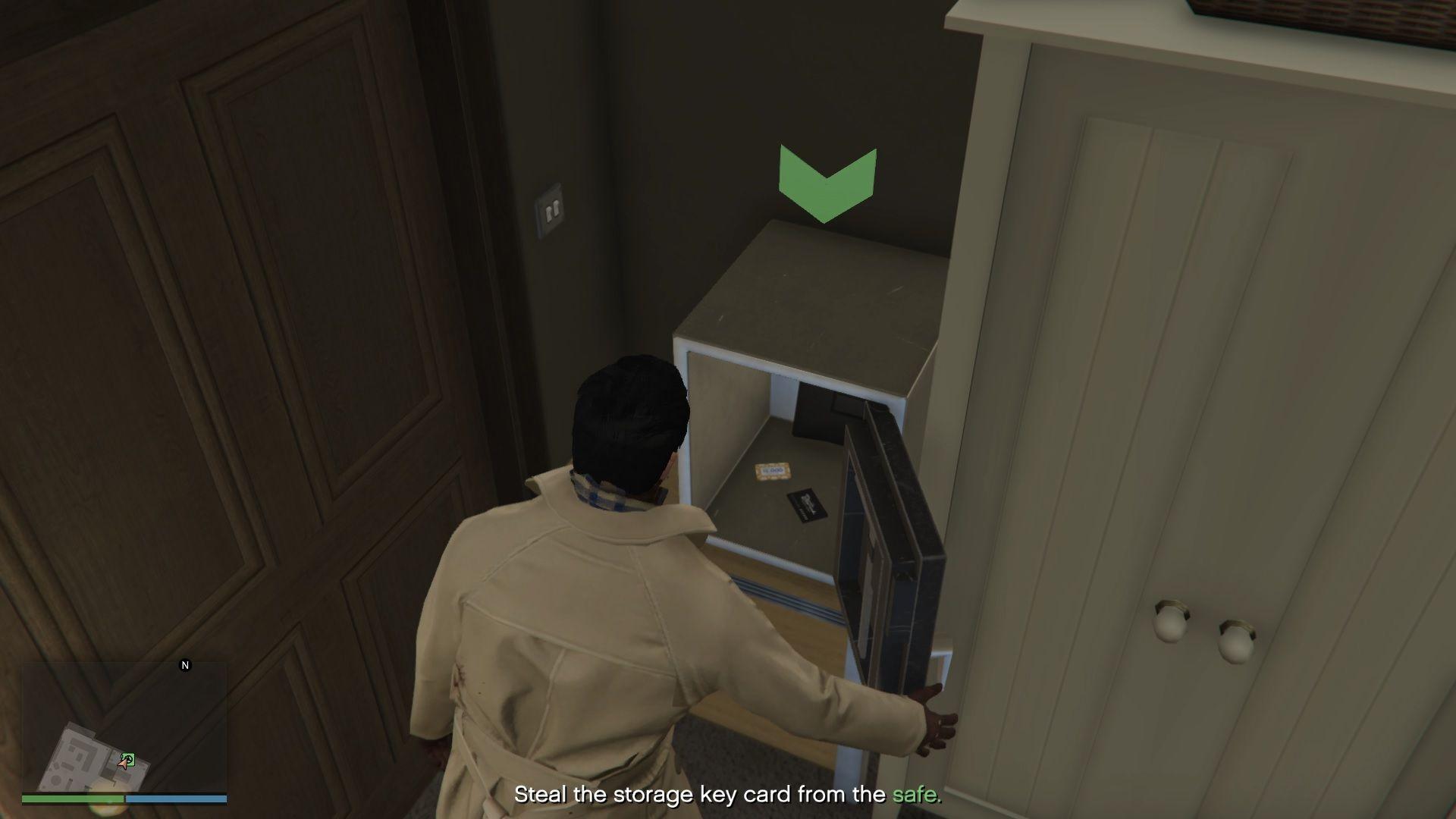 You must then go to his bedroom, use the codes to open his safe and retrieve the storage key card.