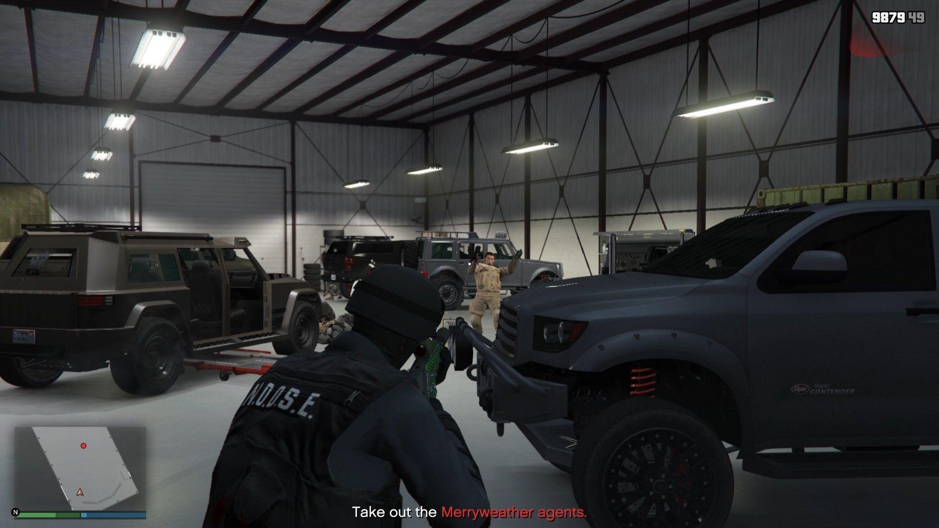 Taking out the Merryweather agents inside the Merryweather lockup.