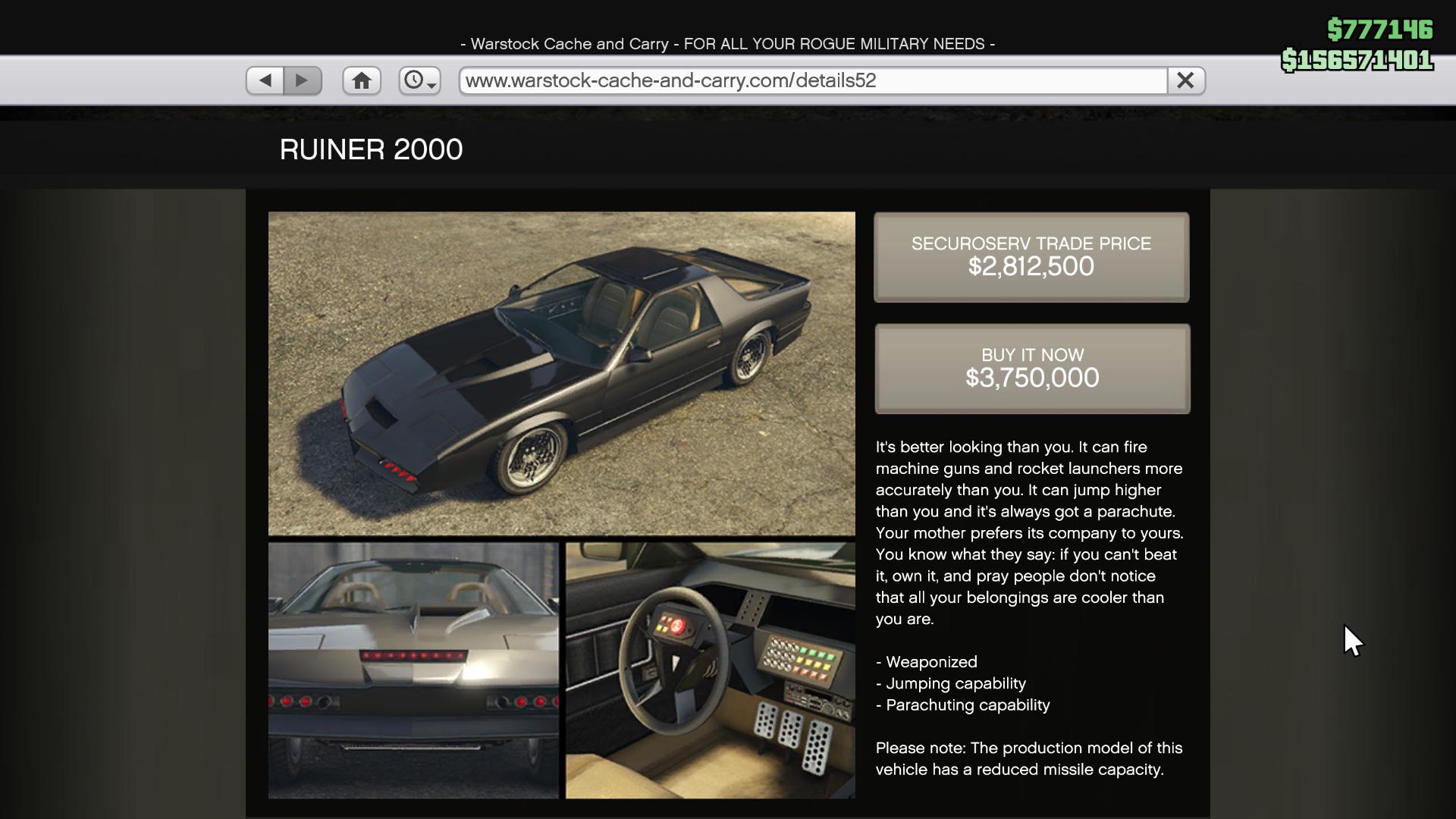 Imponte Ruiner 2000 is listed on the Warstock Cache and Carry website in GTA Online.