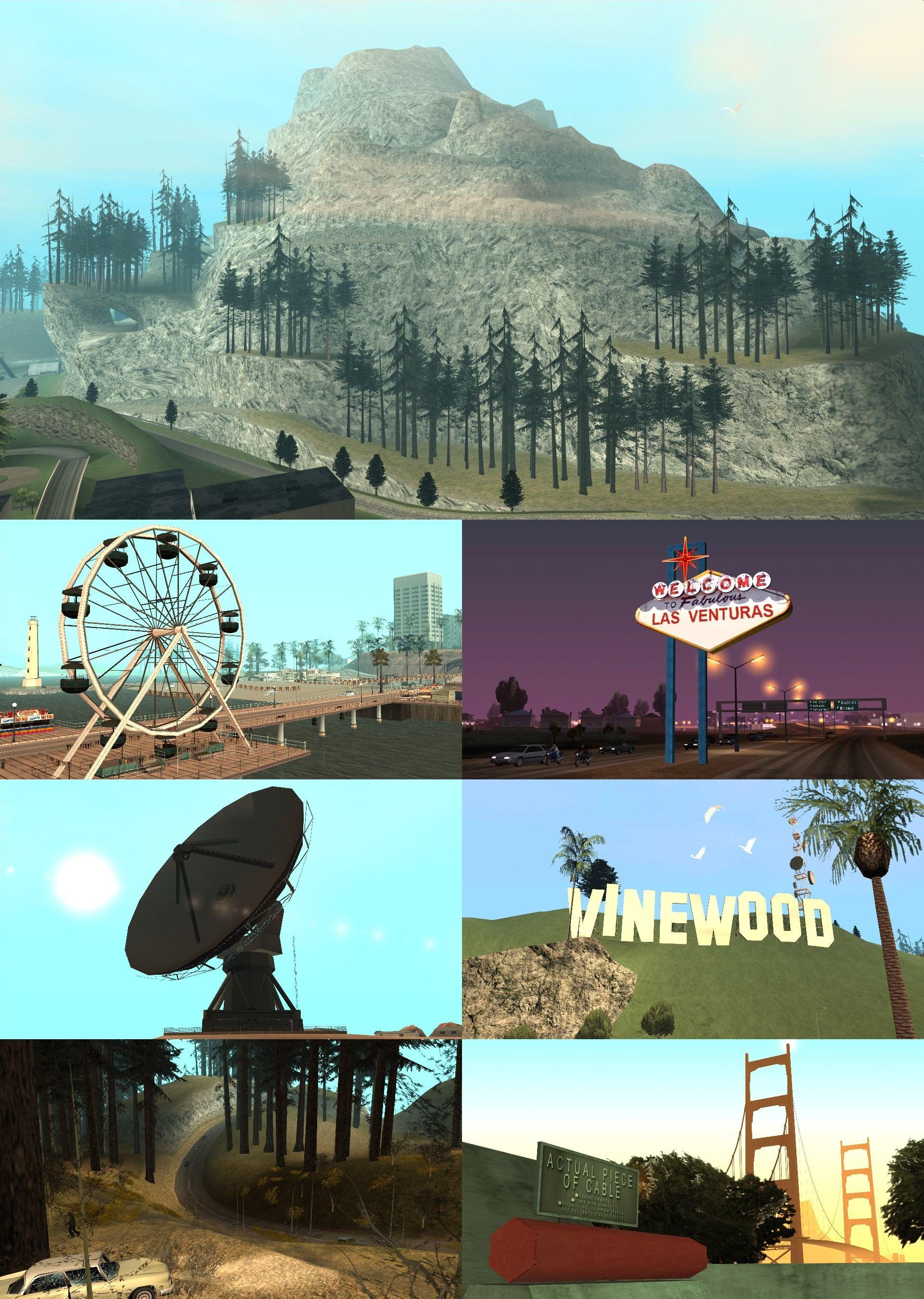 Different locations as seen in Grand Theft Auto: San Andreas and Grand Theft Auto V.