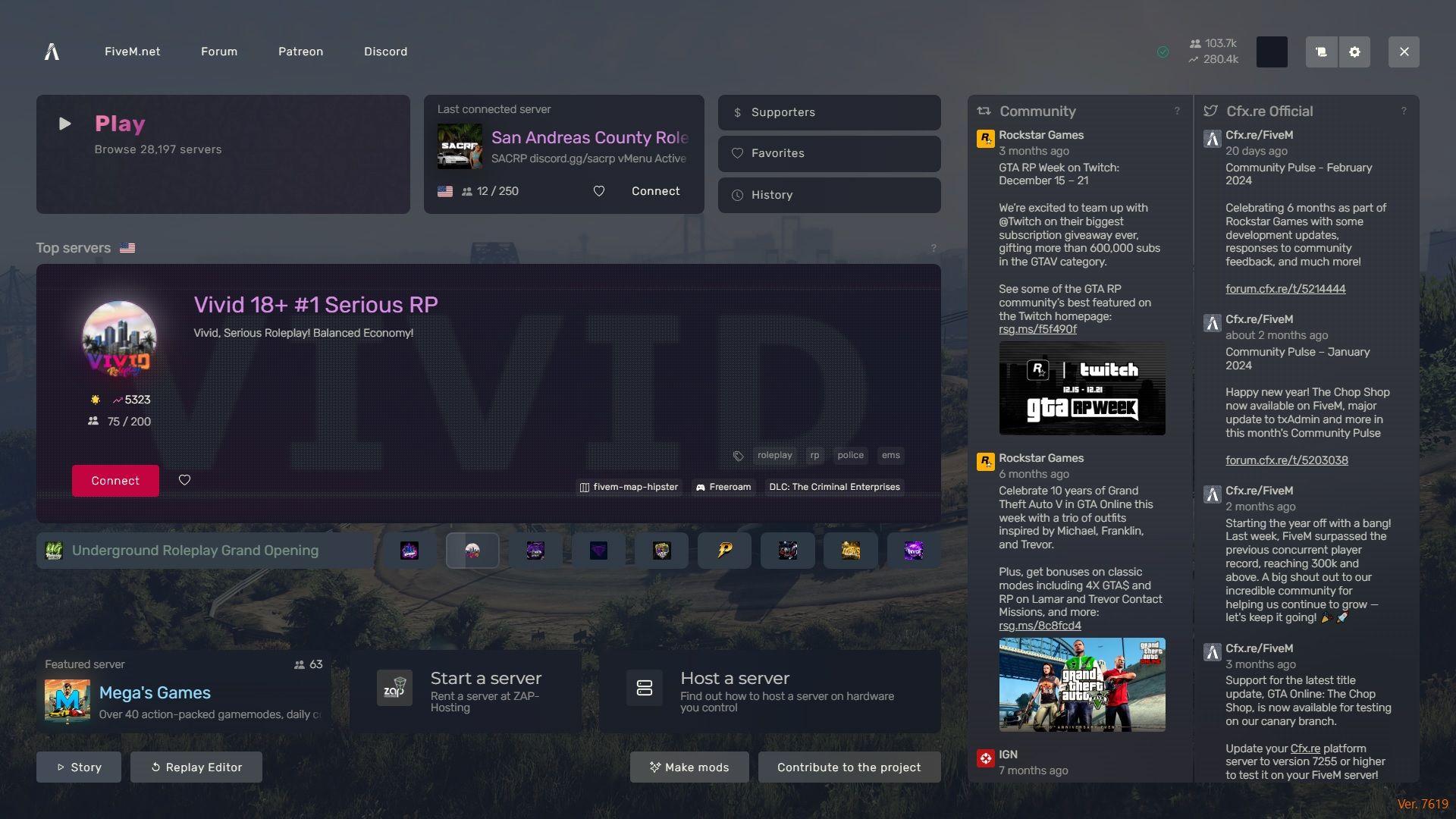 FiveM application home page.