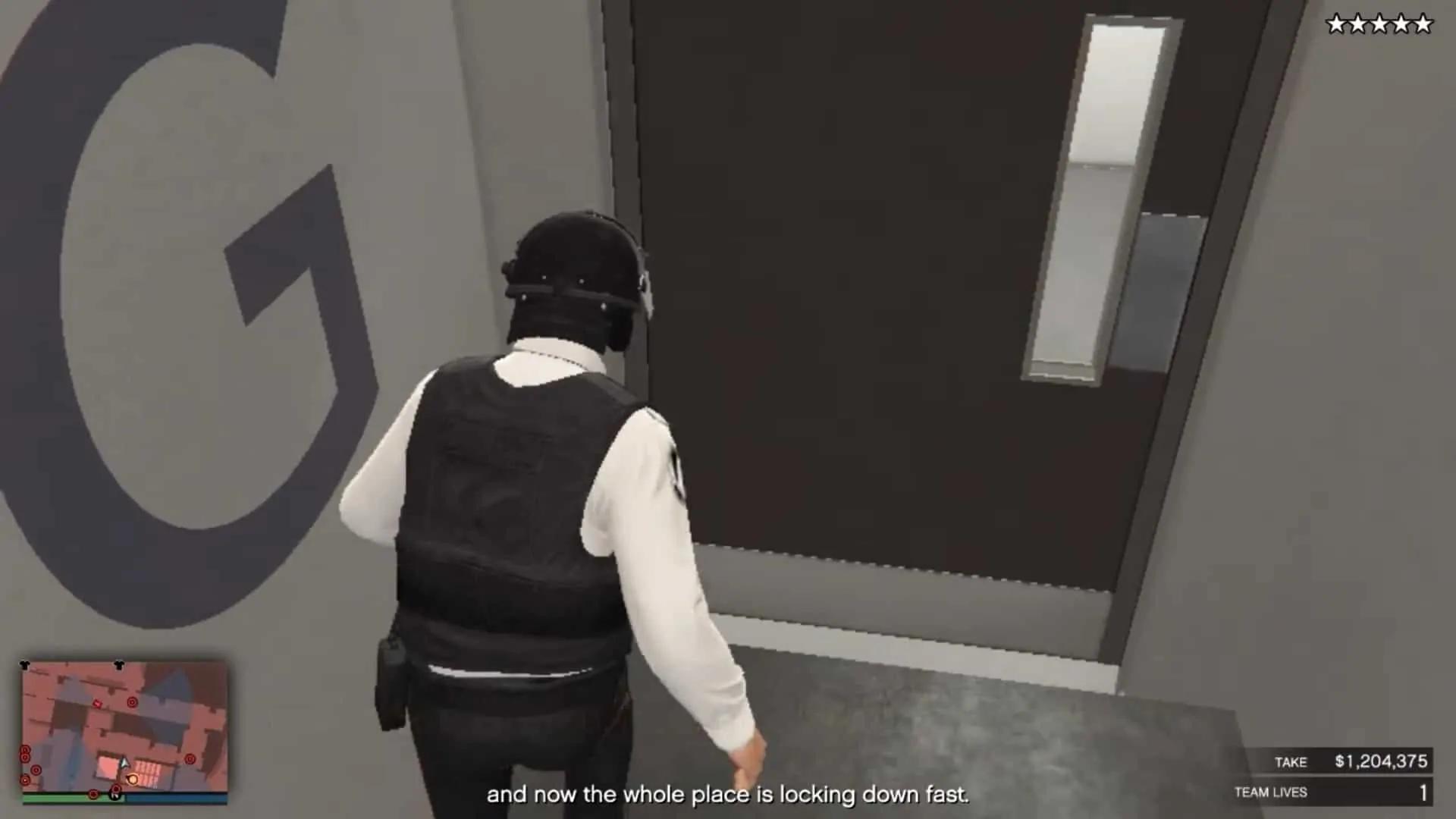 The top of the staircase. Not going through the door.