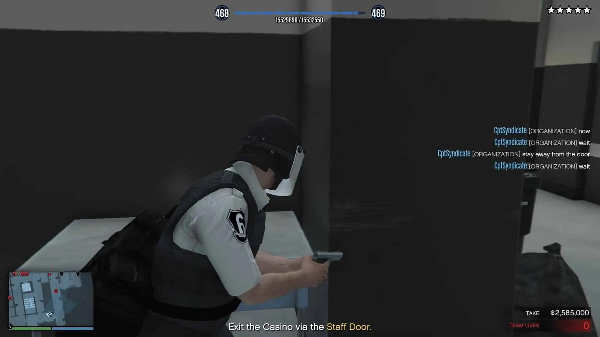 Waiting in the corner for the second guard to turn around before making a run to the laundry room