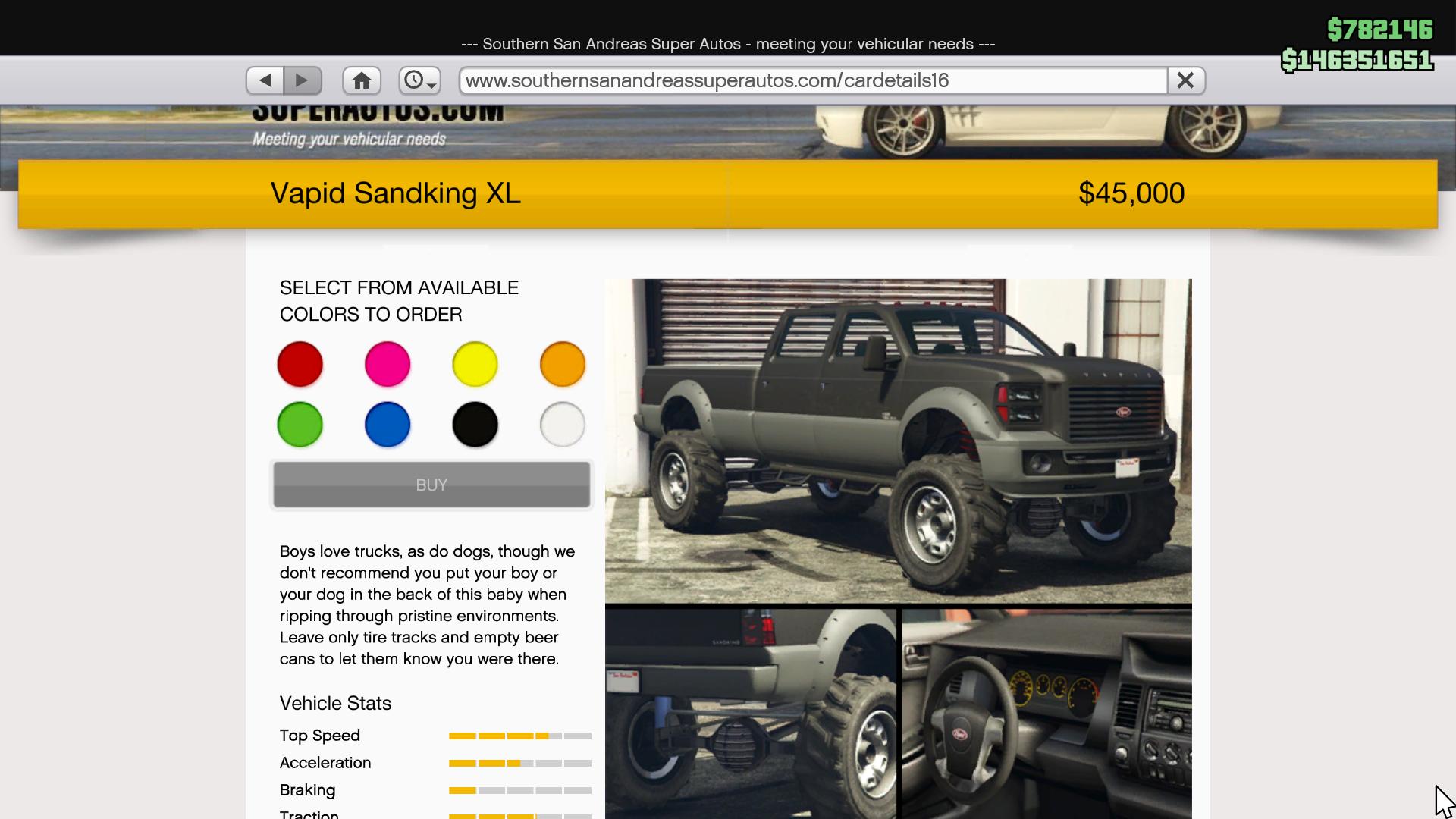 In-game store page of the Vapid Sandking XL as seen in GTA Online.