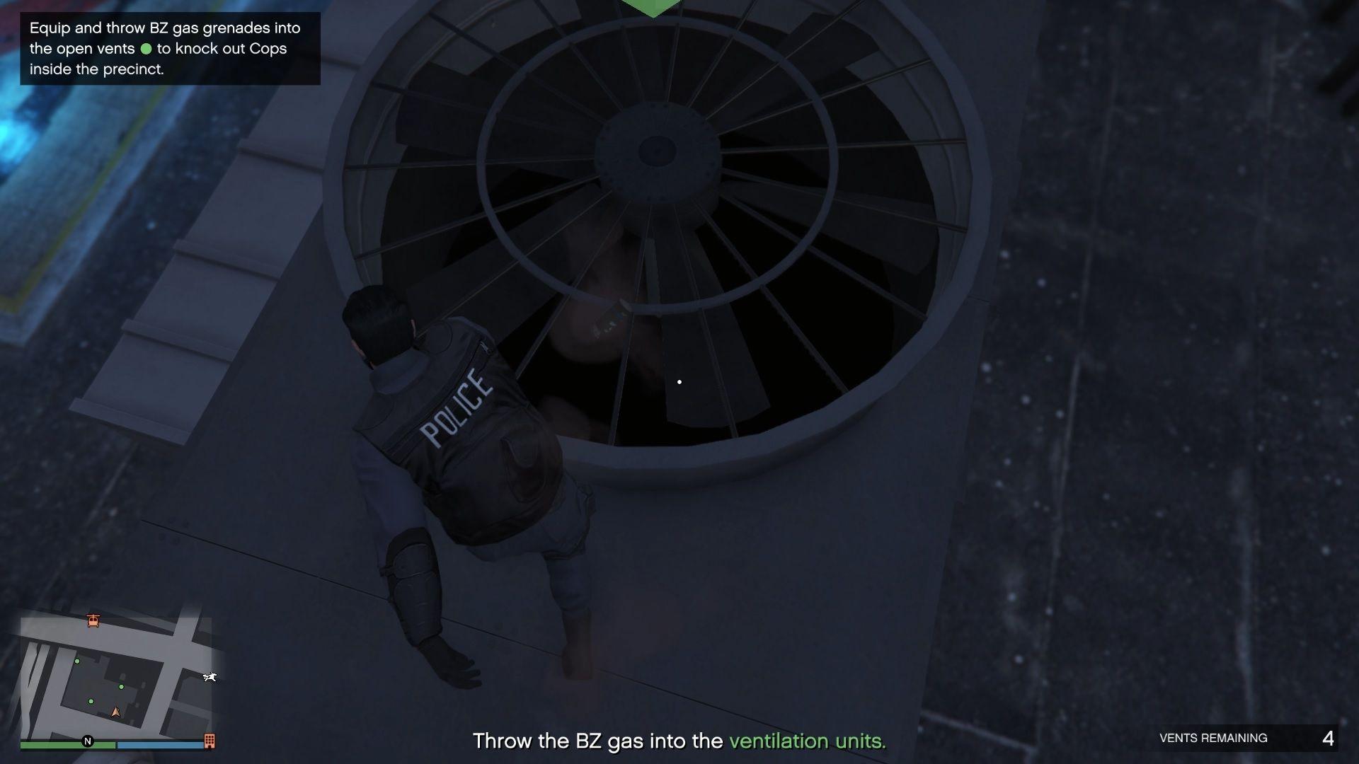 It is easier to aim directly down at the vents and throw the gas grenade.