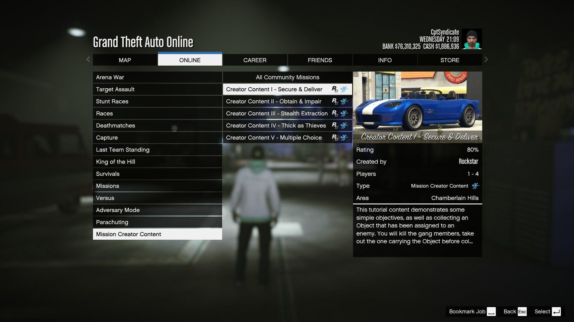 You can play the example missions by navigating to Rockstar-created jobs and Mission Creator Content.