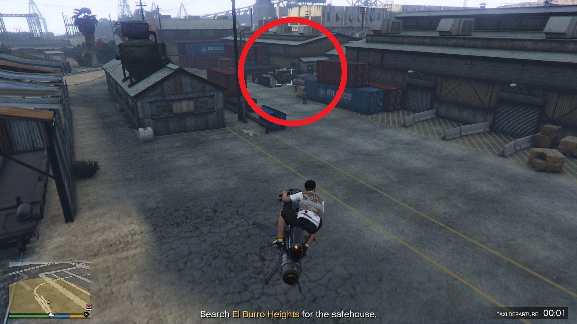 Oppressor Mark II locking on to the enemies guarding the safehouse.