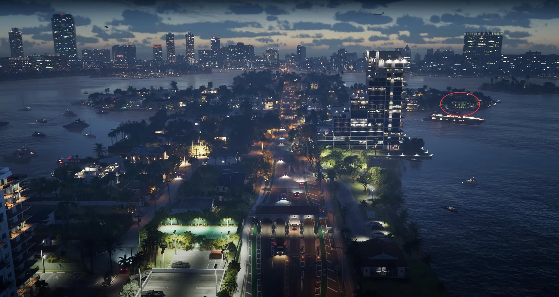 The presumed Vercetti Estate in GTA VI as seen in the first official trailer (highlighted with a red circle).