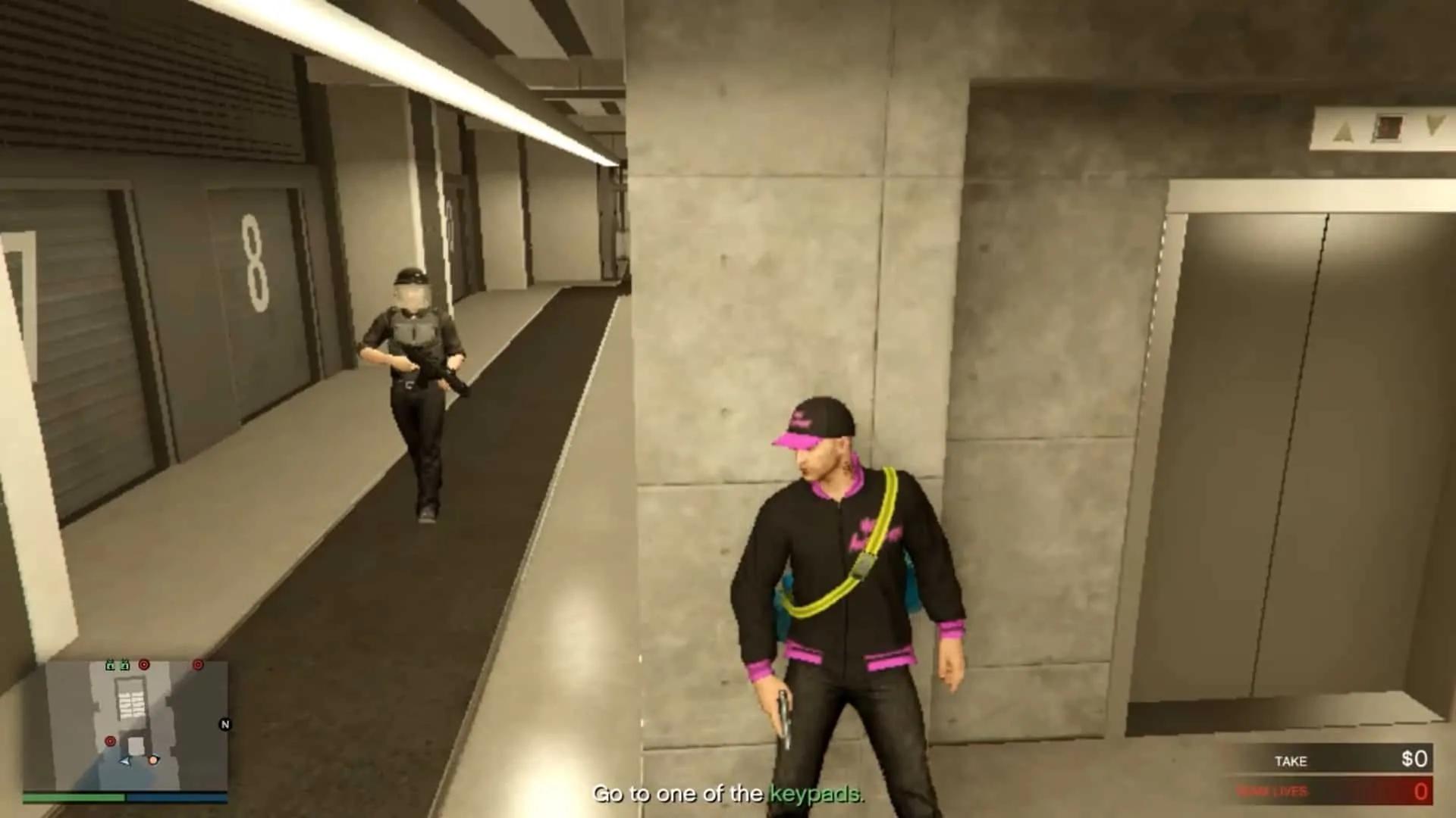 Guard coming towards the player from the left hand side of the elevator