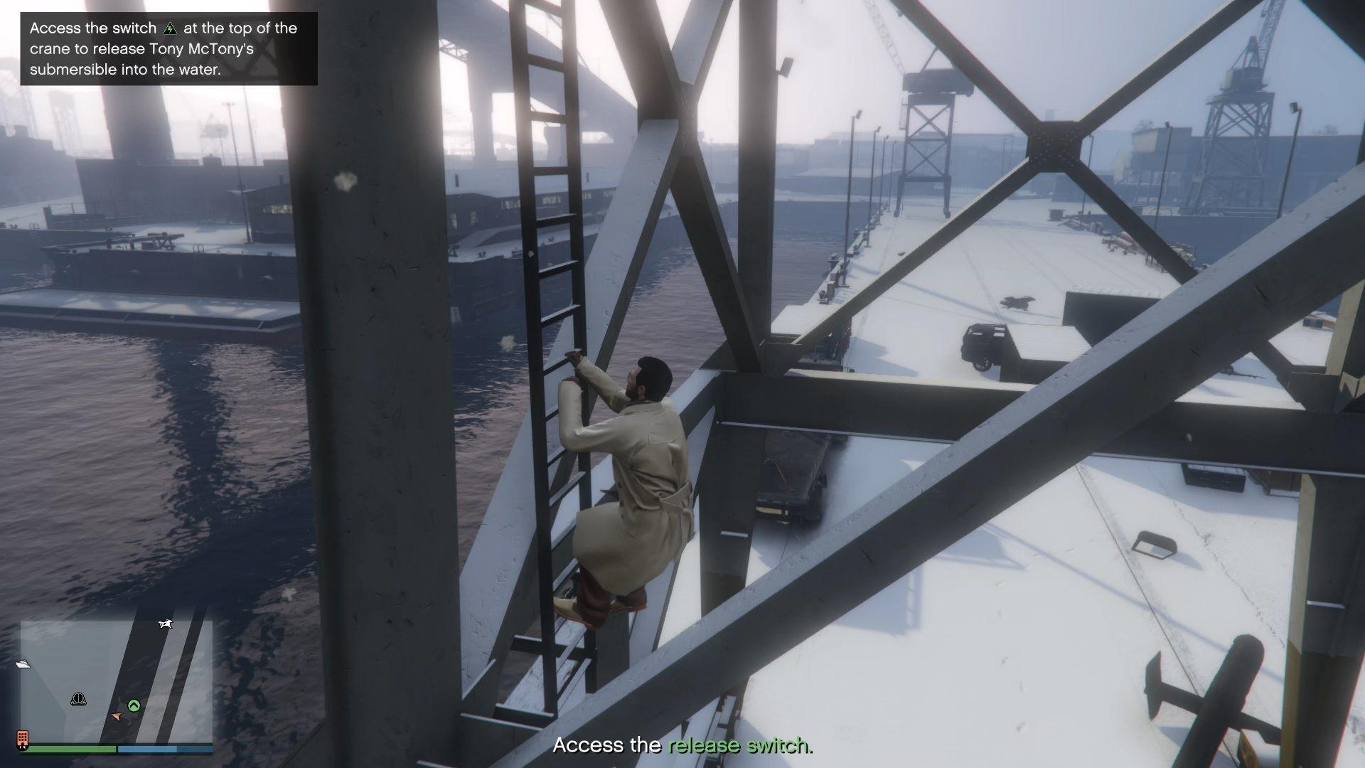 Once you've taken out the security team, go to the top of the crane to use the release switch.