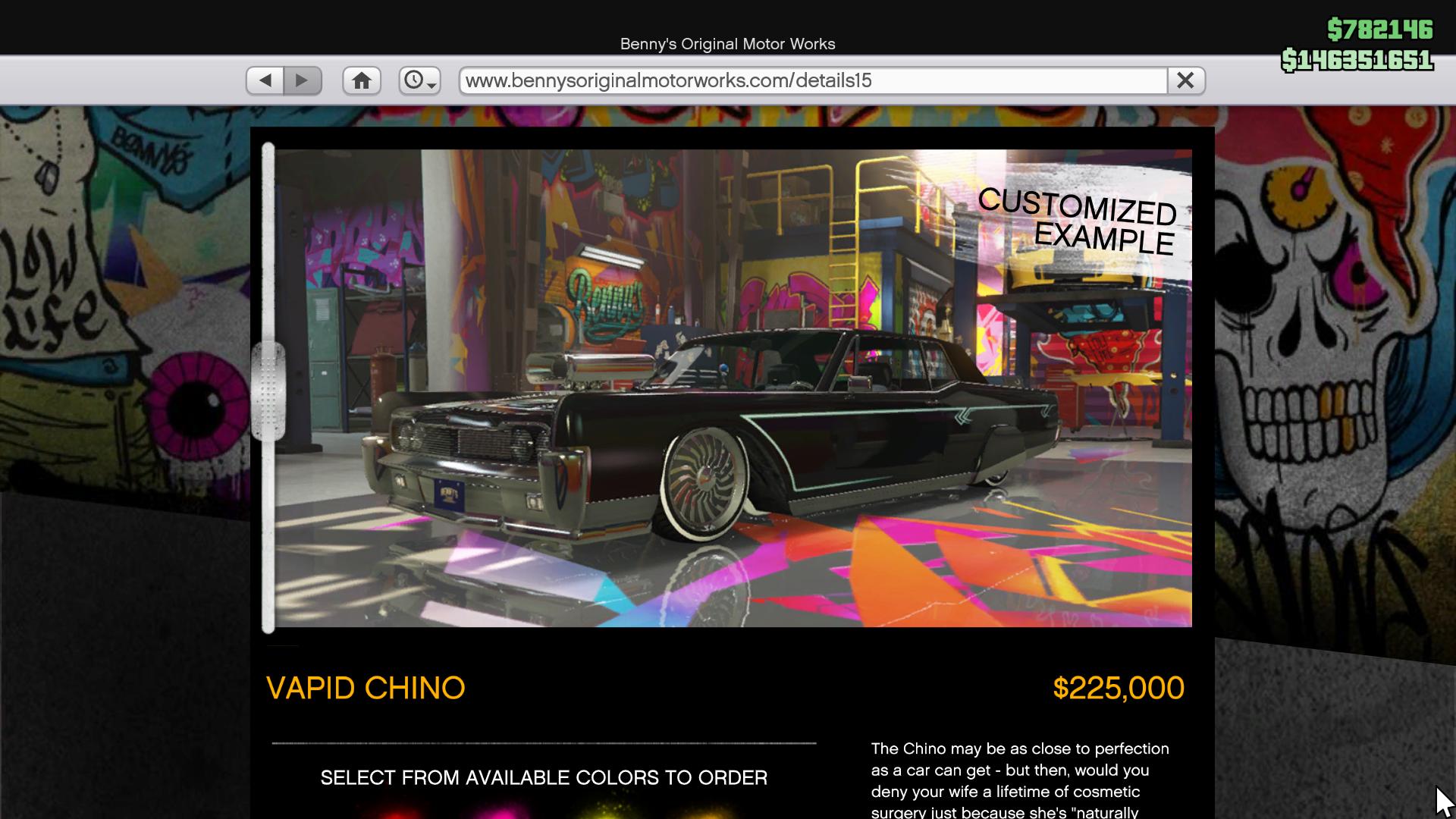 Vapid Chino Custom variant on sale on Benny's Original Motor Works website in GTA Online.