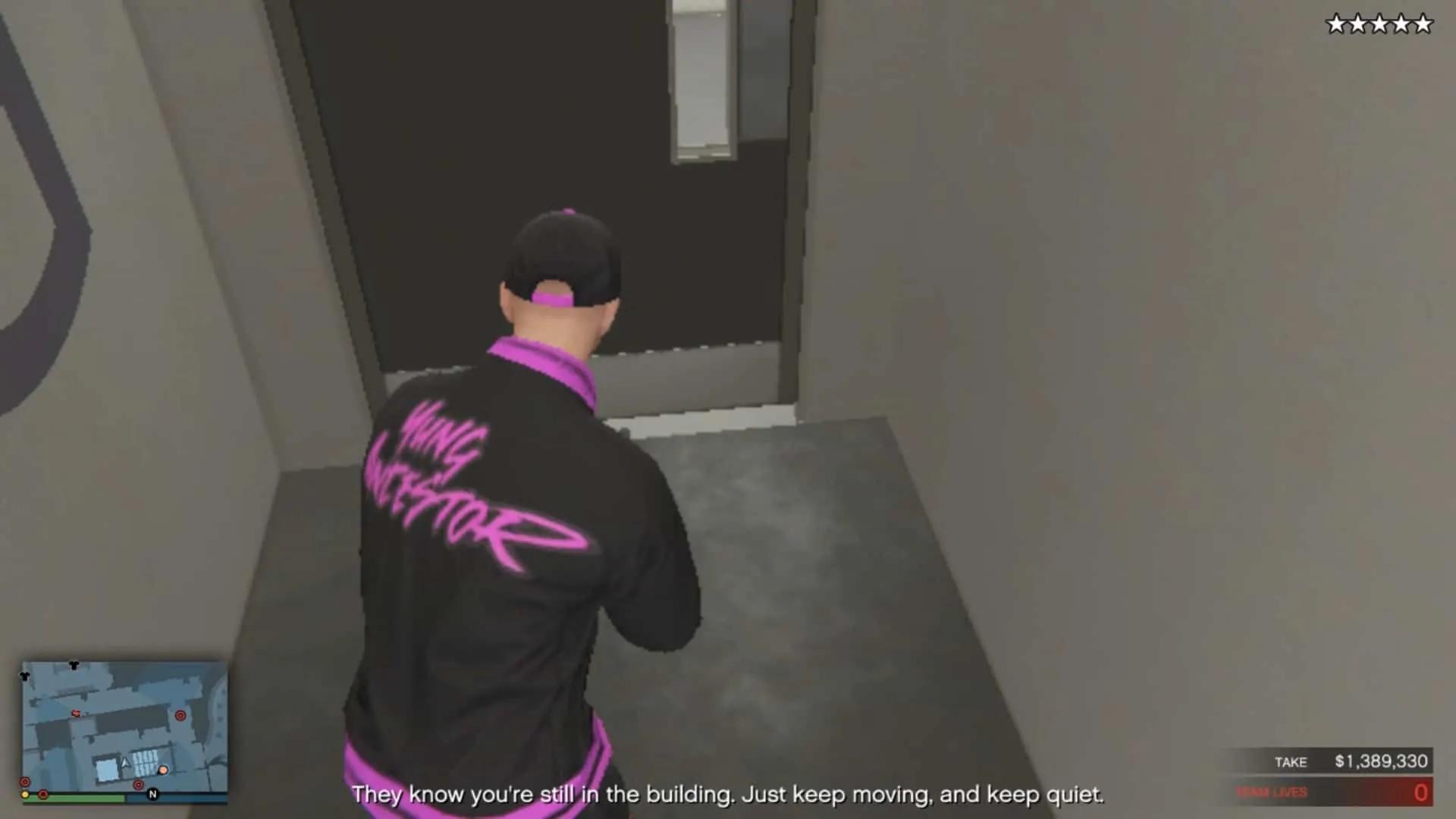 The door leading outside to the staff lobby at the top of the stairs