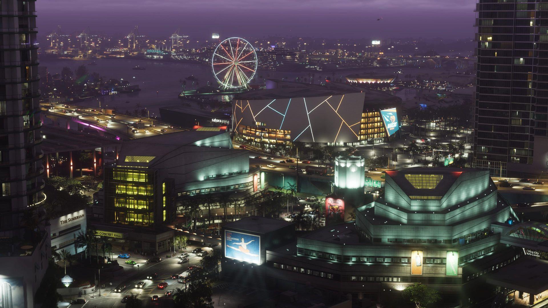 Official screenshot of Vice City at night time within the State of Leonida.