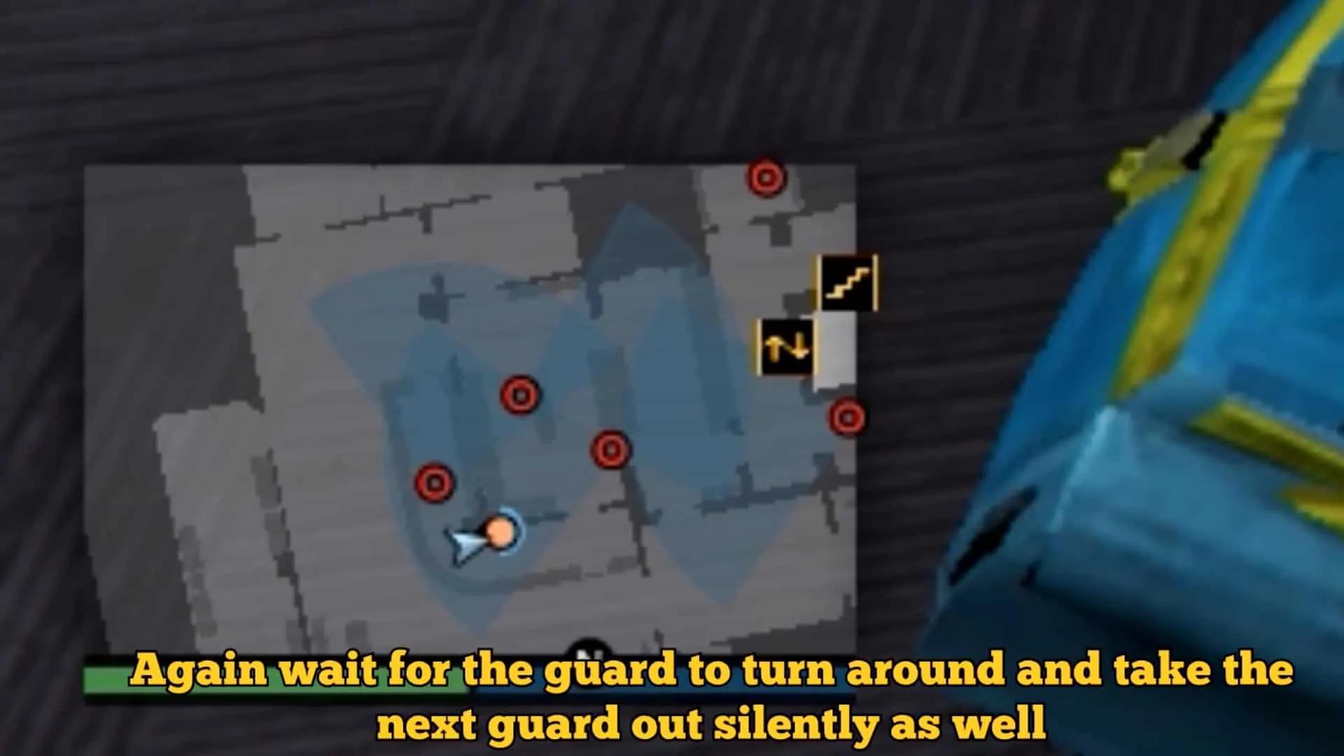 You need to make sure the guard in the surveillance room (circled in red) turns around before you proceed to take out the second guard (circled in green) behind the desk