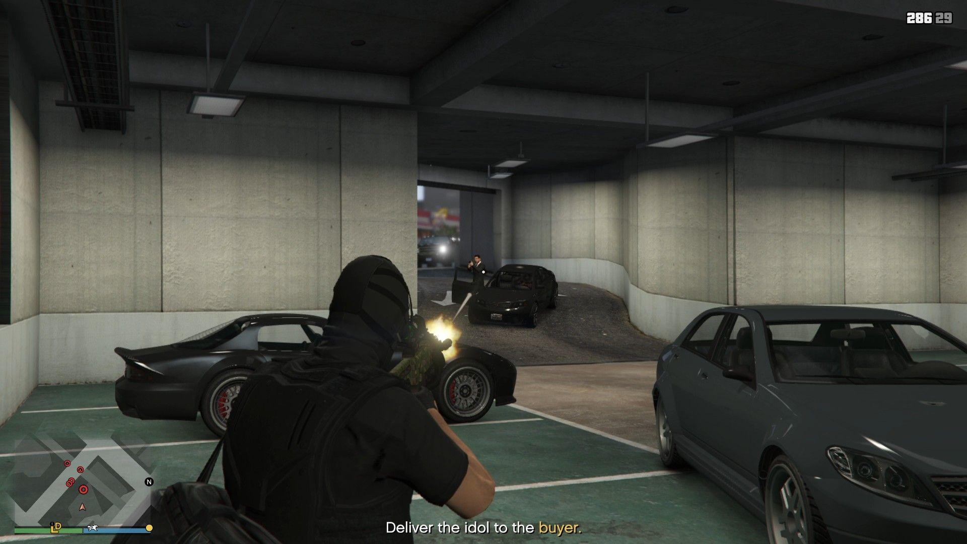 Fighting the security in the parking garage of the building.