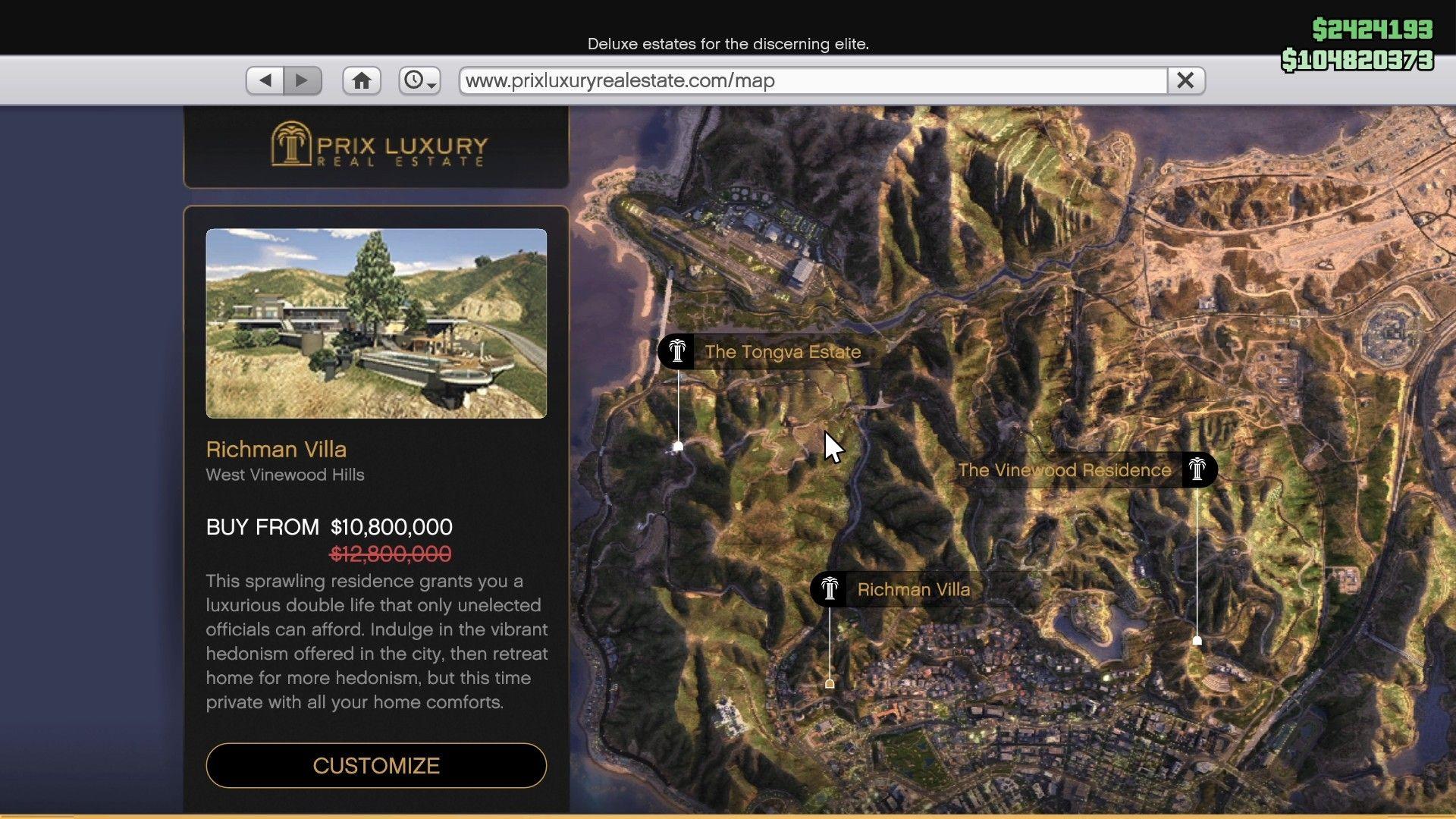 Purchasing a mansion via the Prix Luxury Real Estate in-game website.