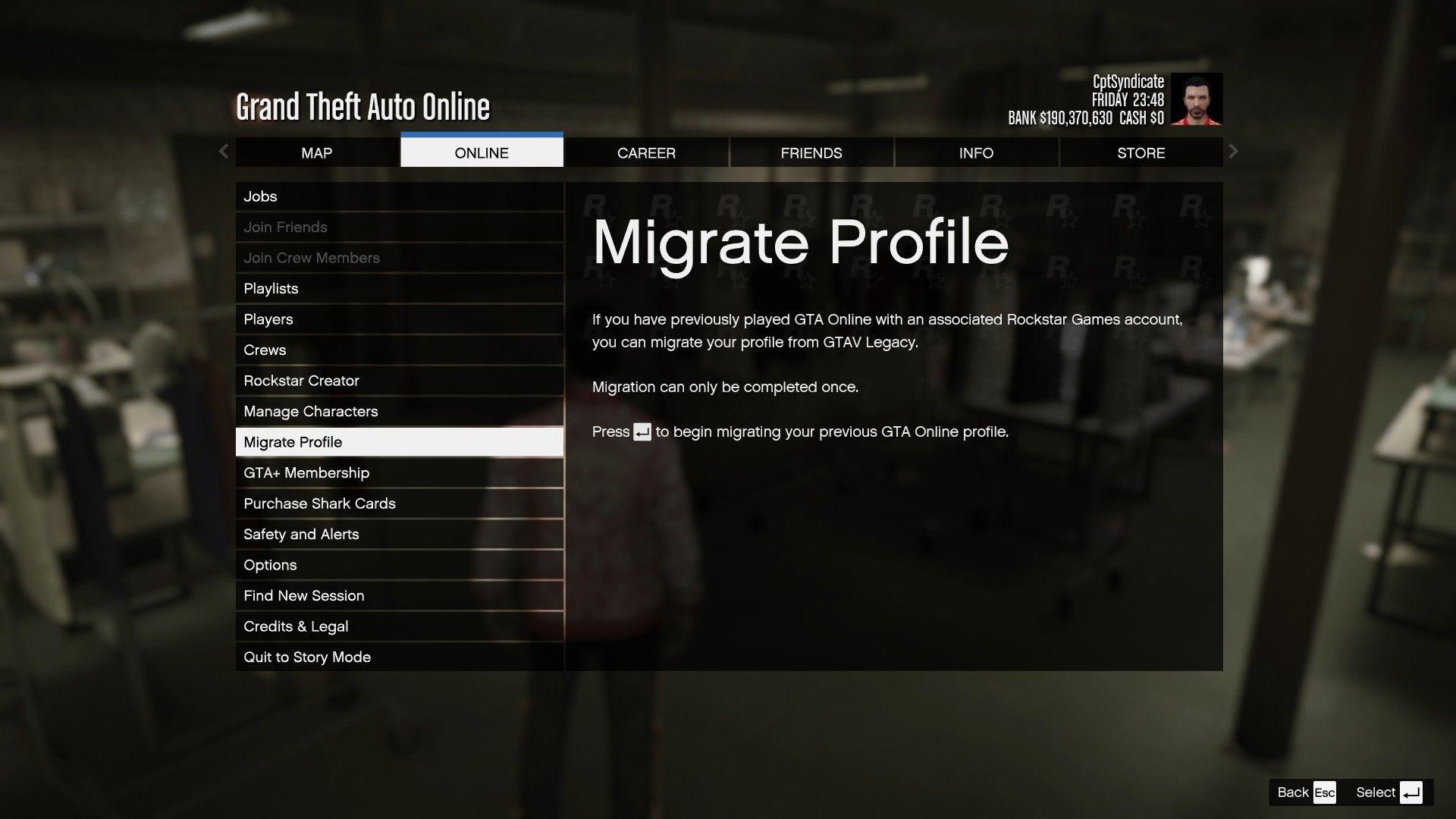 Migrate Profile option in the enhanced version of GTA Online on PC.