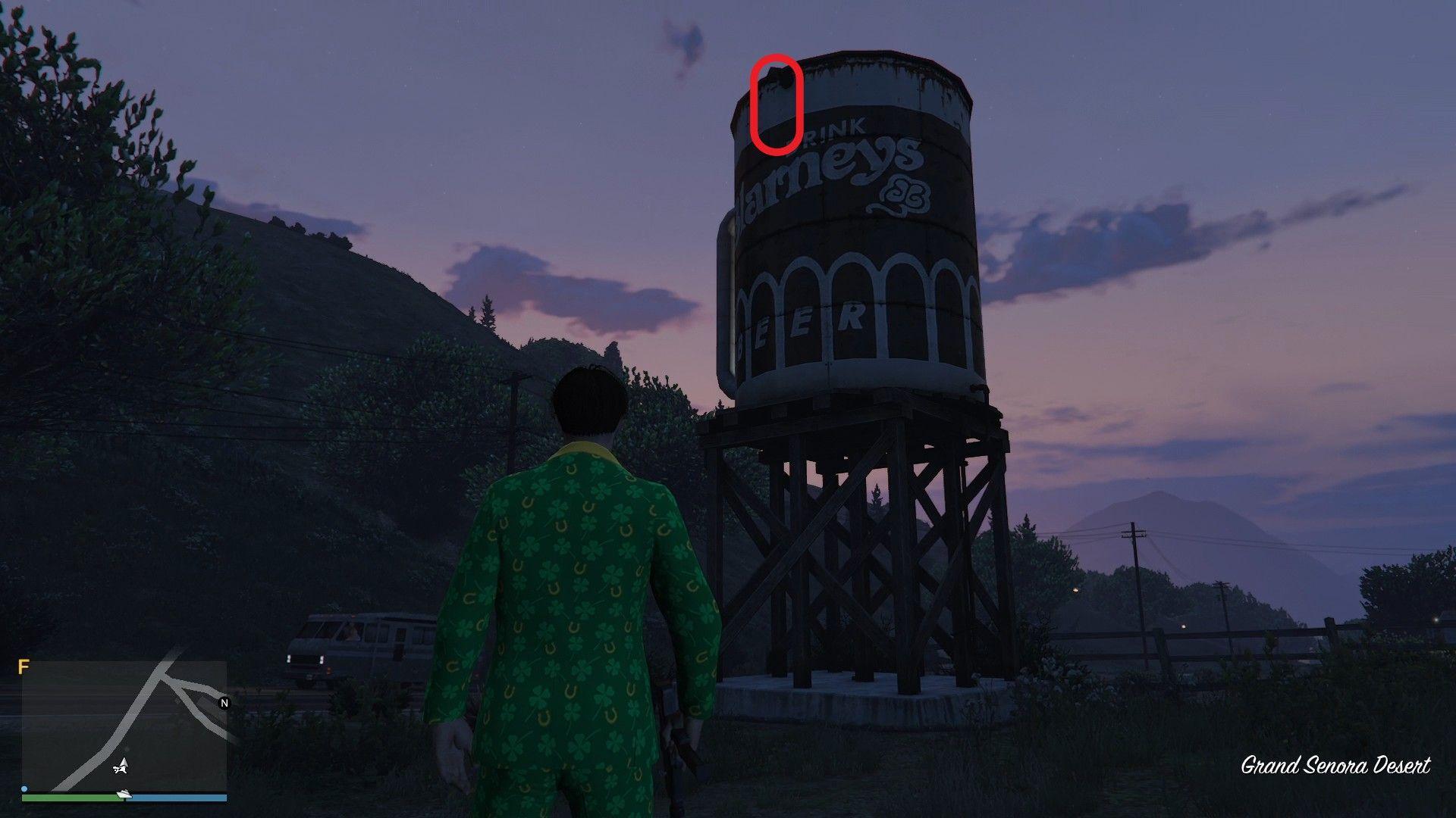 The golden clover will be hanging off the spout at the top of the Blarneys Beer water tower in the Grand Senora Desert.