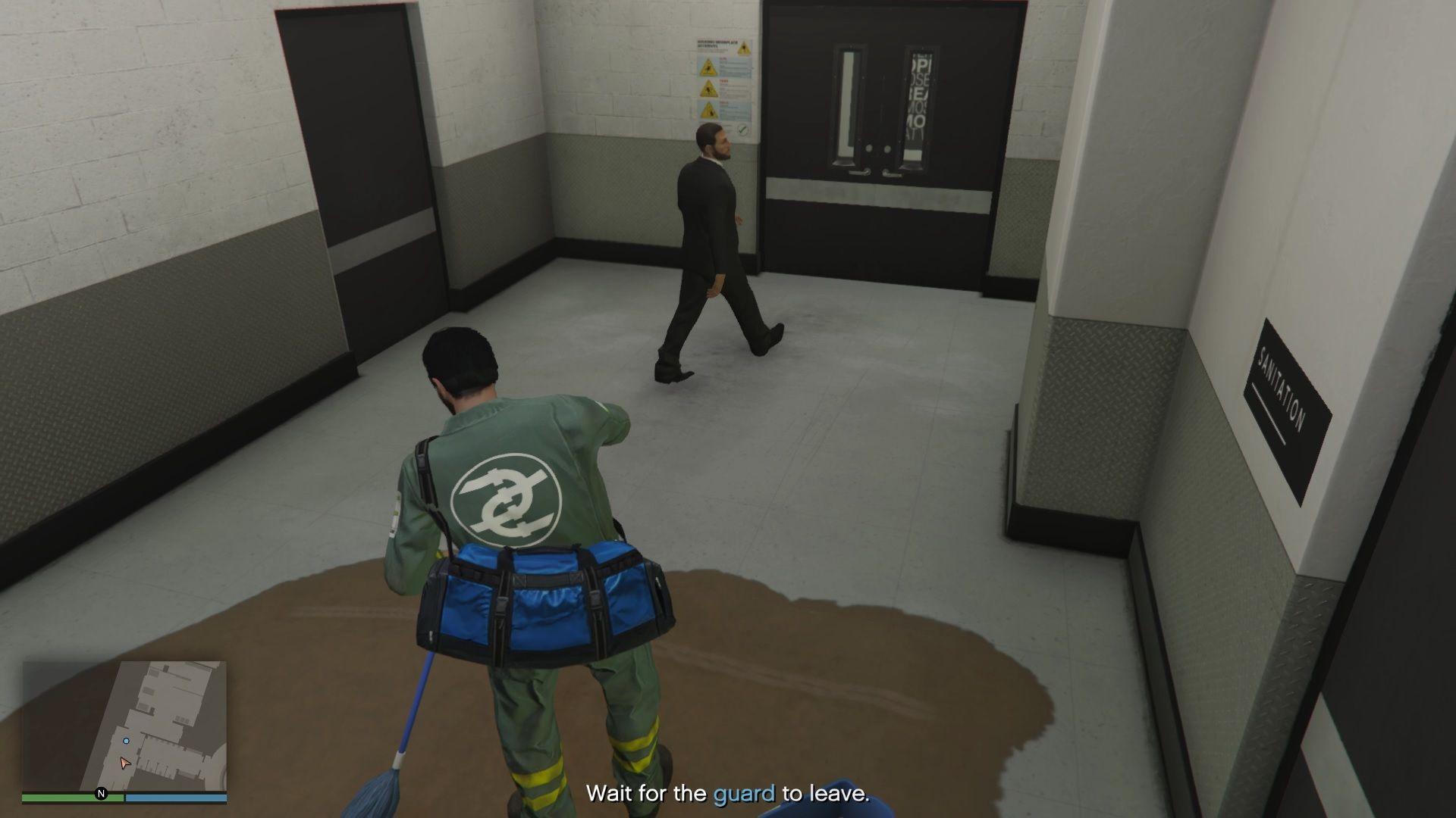 Wait for the guard to leave the area and stop mopping.