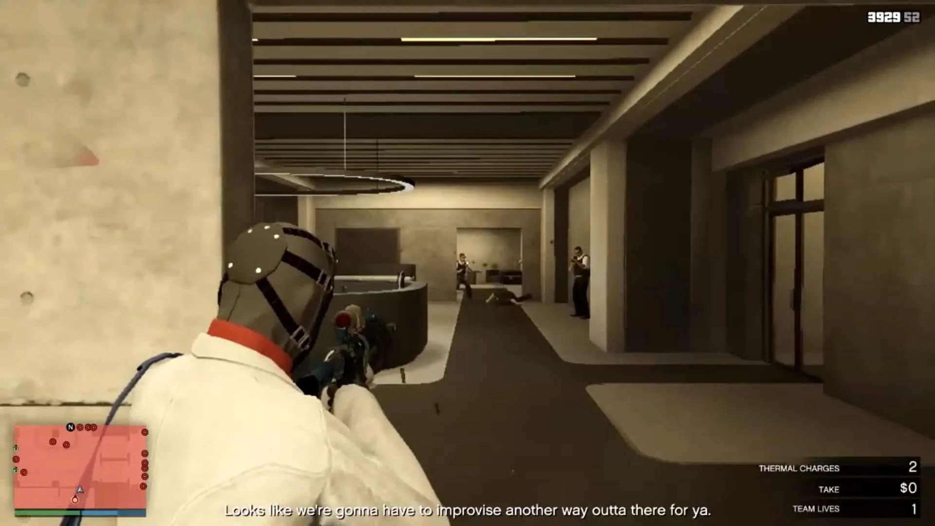 Fighting the guards in the vault security lobby