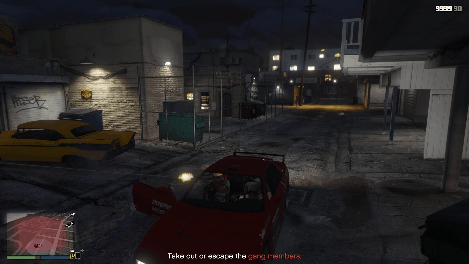 GTA Online protagonist and Lil Dee backing out of the gang hideout alley