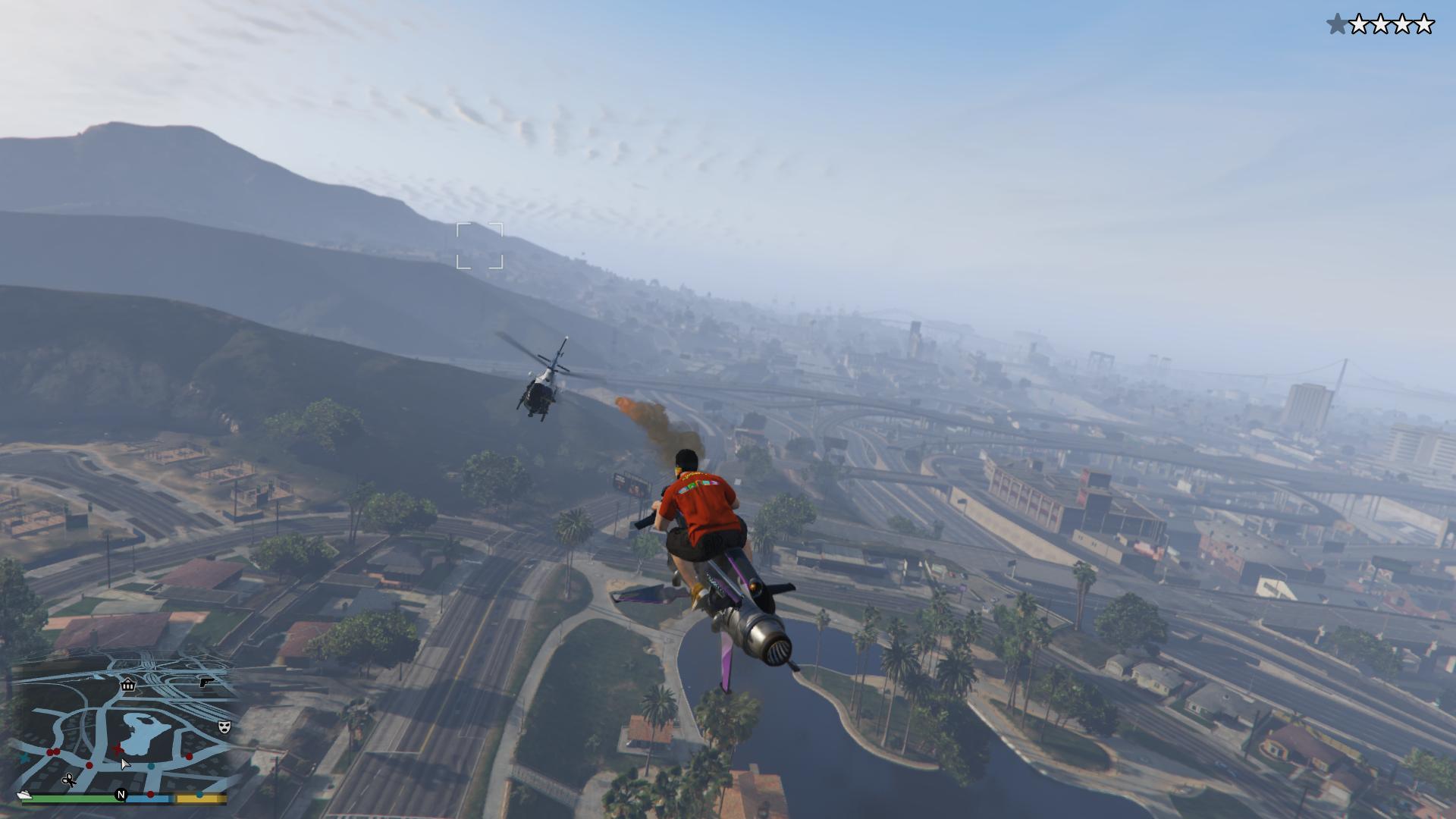 This will allow you to keep your wanted level up as you fly around the city, avoiding the cops.