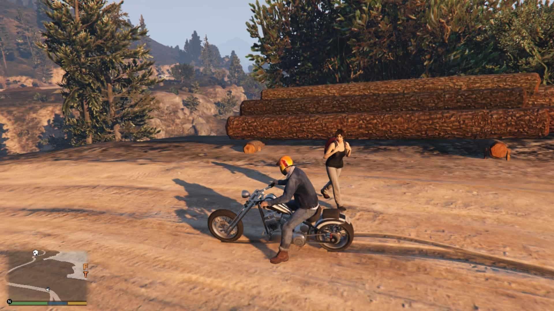 The girl at the intersection, marked in the map, by the huge logs