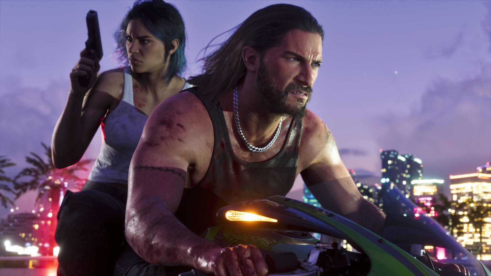 Jason rides a motorcycle with Lucia behind him holding a handgun.