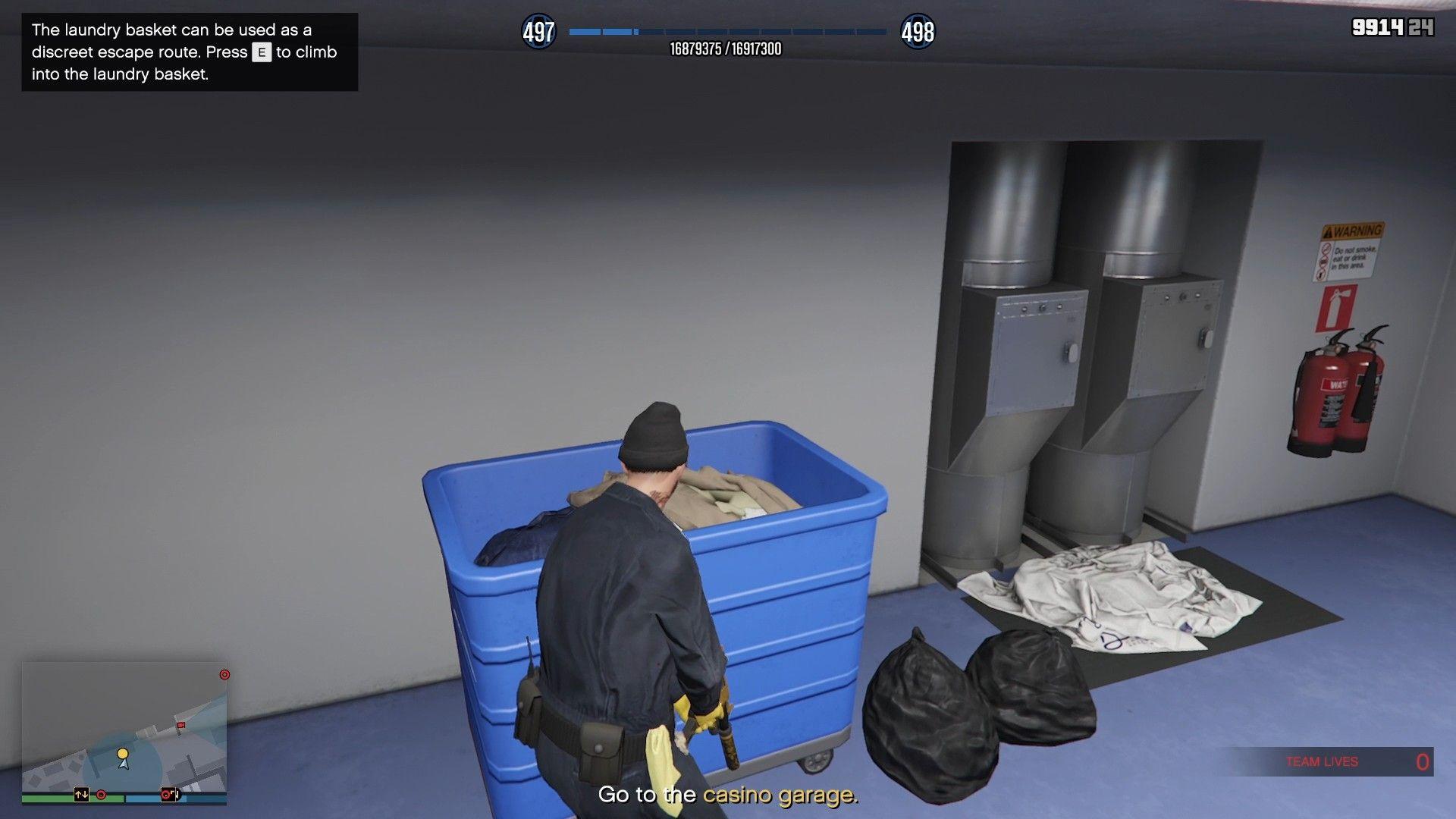 Blue laundry basket.