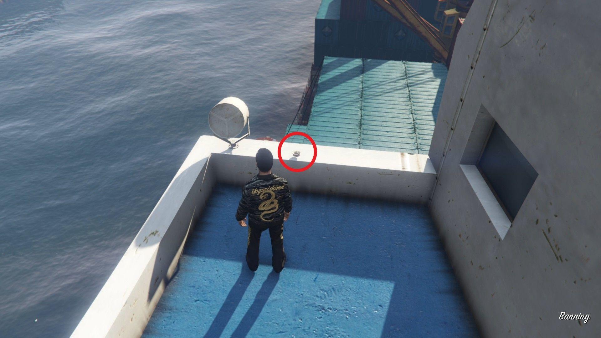 The Yuanbao on the left side of the bridge on the SS Bulker at Elysian Island.