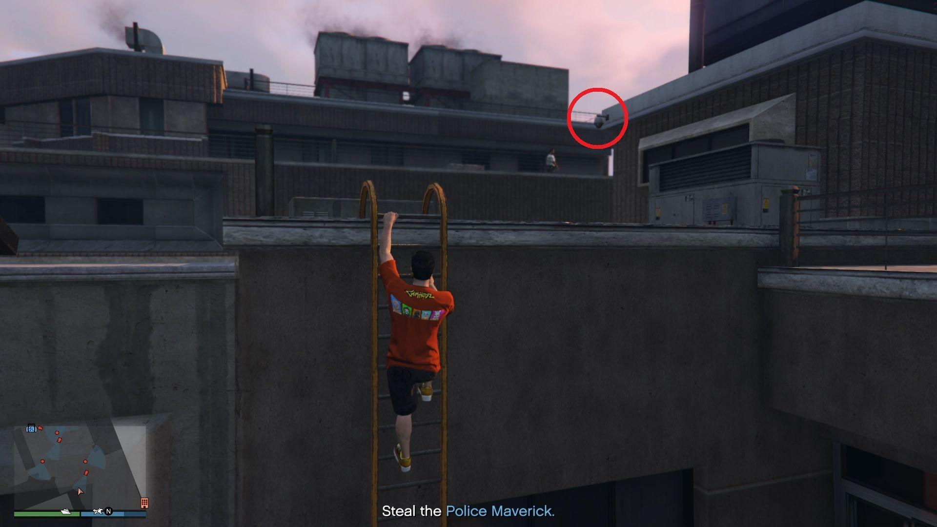 Security camera right after you climb up the ladder.