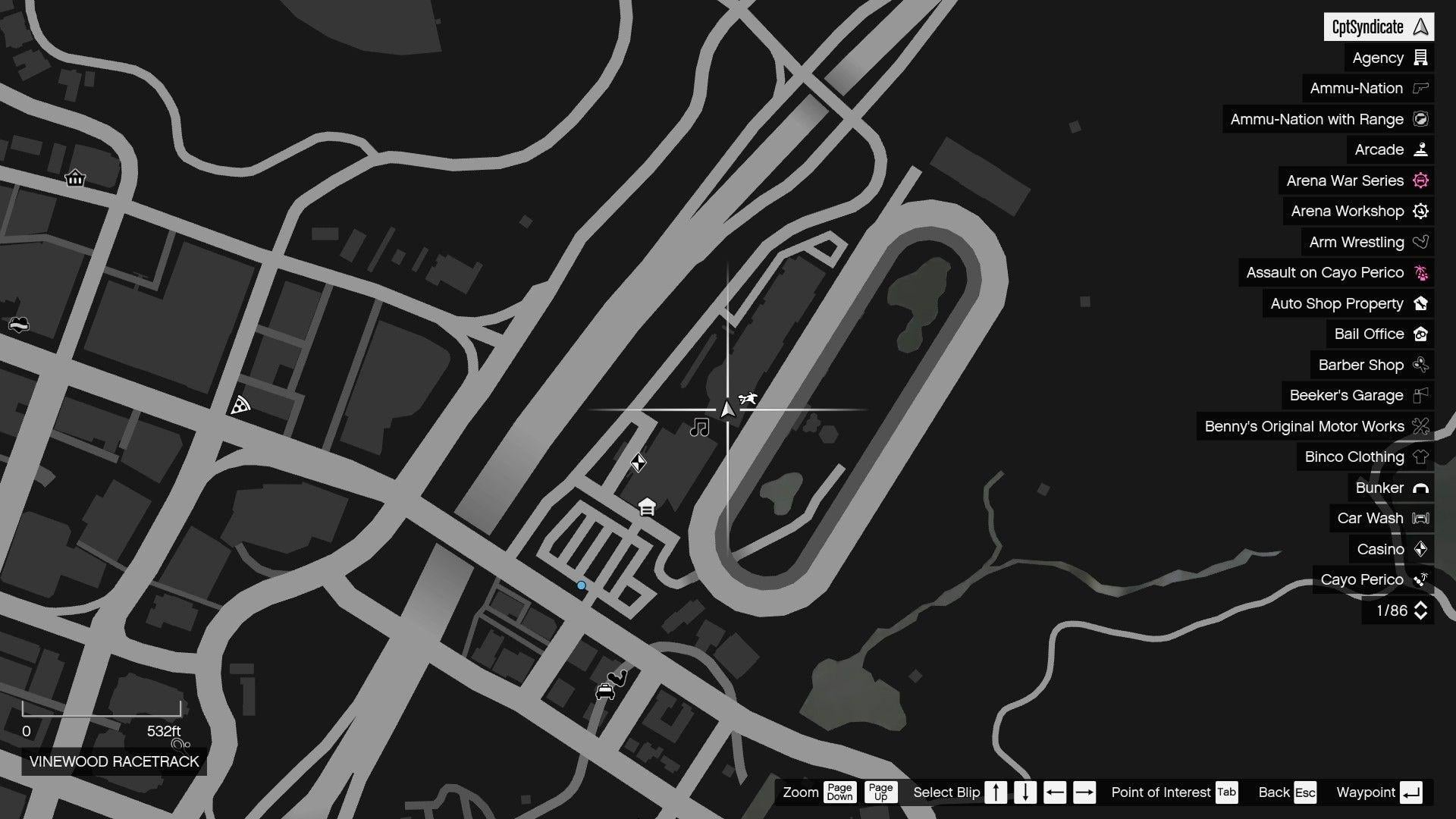 The map shows the location of the Yuanbao at the Vinewood Racetrack in East Vinewood.