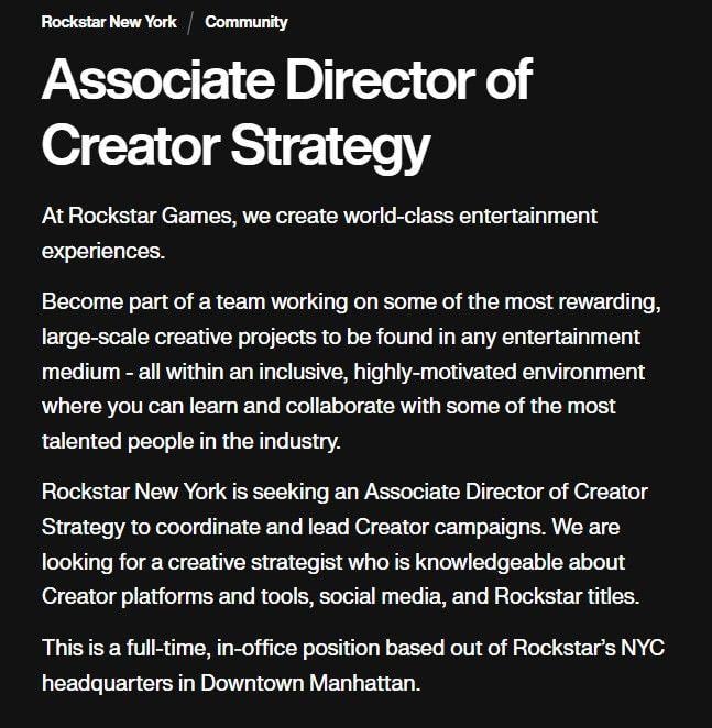 The job posting on the official Rockstar Games website.