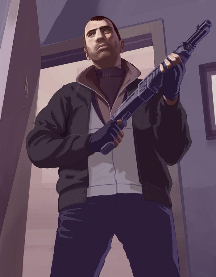 Official artwork showing Niko wielding a shotgun.