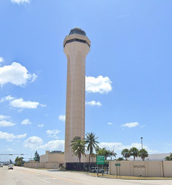 Miami International Airport's control tower uses the same tall concrete form.