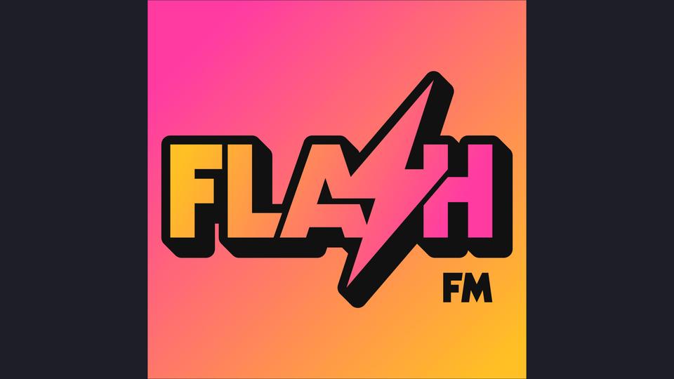 Flash FM logo with a lightning emblem on a pink and orange background.