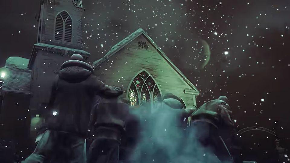 Players fend off undead waves in the snow-swept Ludendorff graveyard in North Yankton.