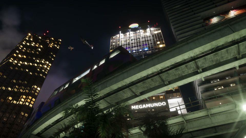 The Megamundo sign on its Vice City headquarters in Grand Theft Auto VI: An Extended Look.