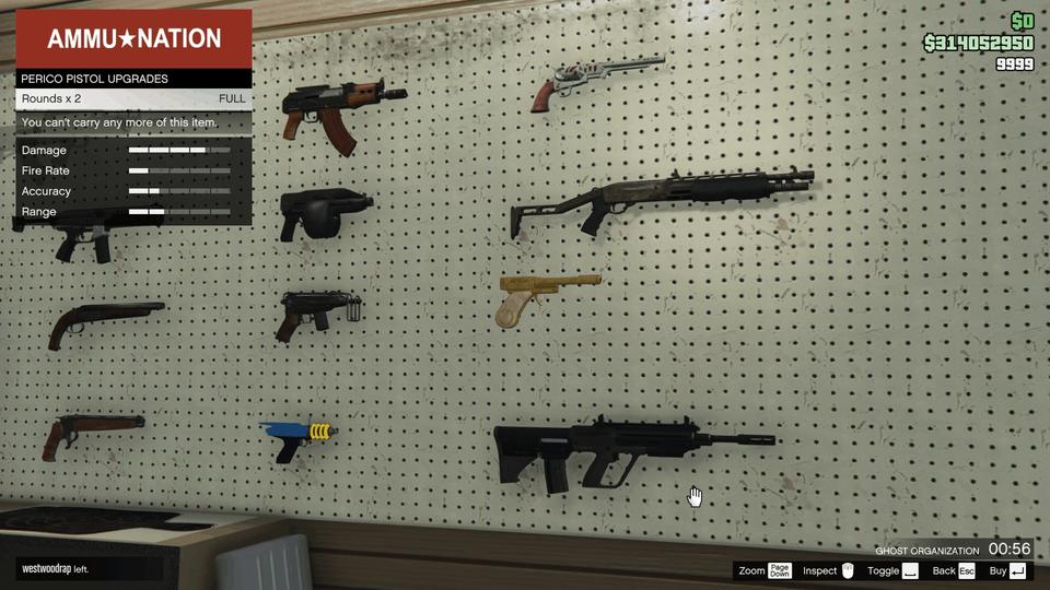 Ammu-Nation’s weapon display in GTA Online, with the Perico Pistol ammunition menu open.