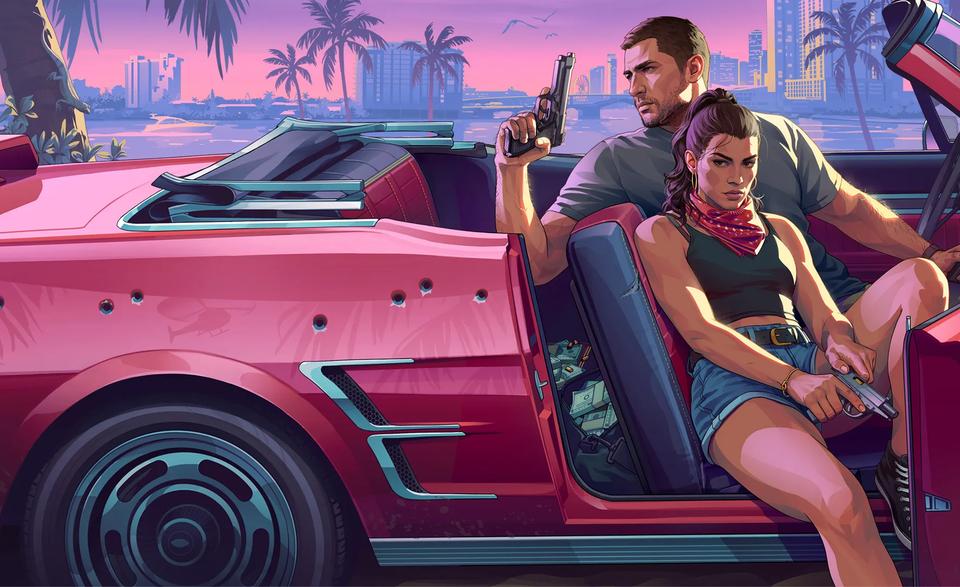 The pink 1967 Vapid Dominator featured in Game Informer's GTA VI cover art.
