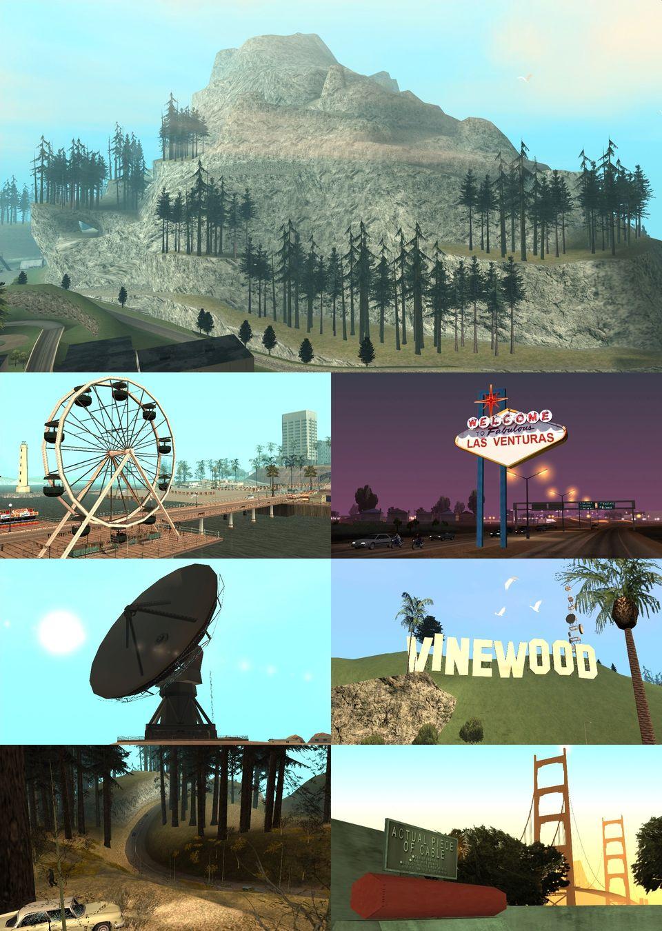Different locations as seen in Grand Theft Auto: San Andreas and Grand Theft Auto V.