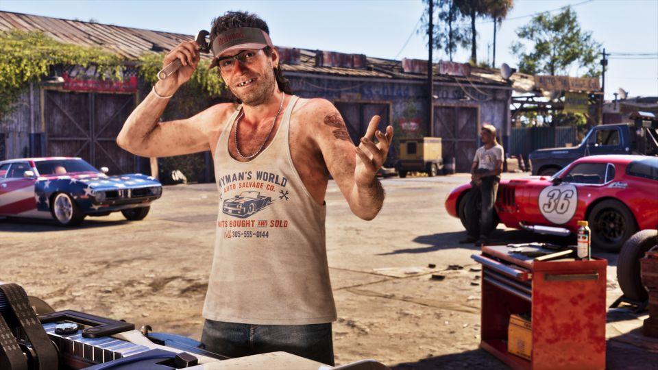 Wyman at an auto salvage yard with two classic cars in GTA VI Ultimate Edition artwork.